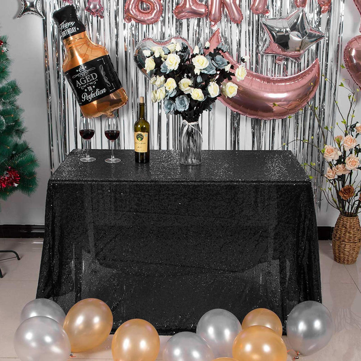 Jyflzq Black Sequin Tablecloth 50 X 50 Square Sparkly Drape Table Cloths Table Cover Overlay For Halloween Wedding Birthday Part