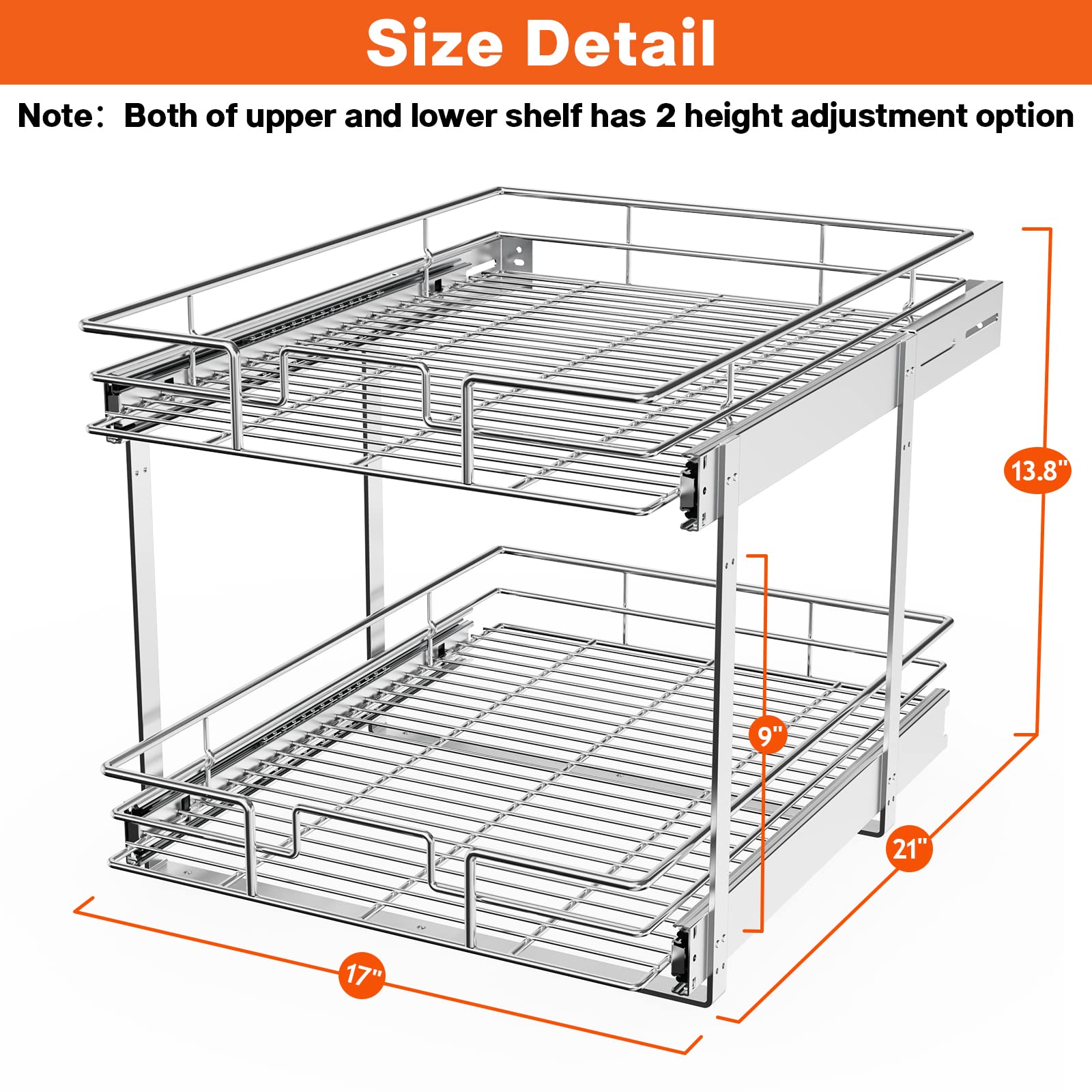 Roomtec Individual Pull Out Cabinet Organizer (17'' W X 21'' D), 2 Tier Spice Rack Organizer For Cabinet, Slide Out Drawer Pantr