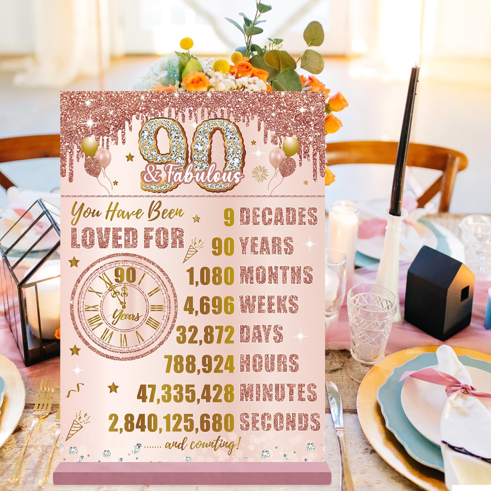 Bumqviy Happy 90Th Birthday Decorations Back In 1934 Table Sign For Women, Pink Rose Gold 90 & Fabulous Birthday Two-Sided Woode