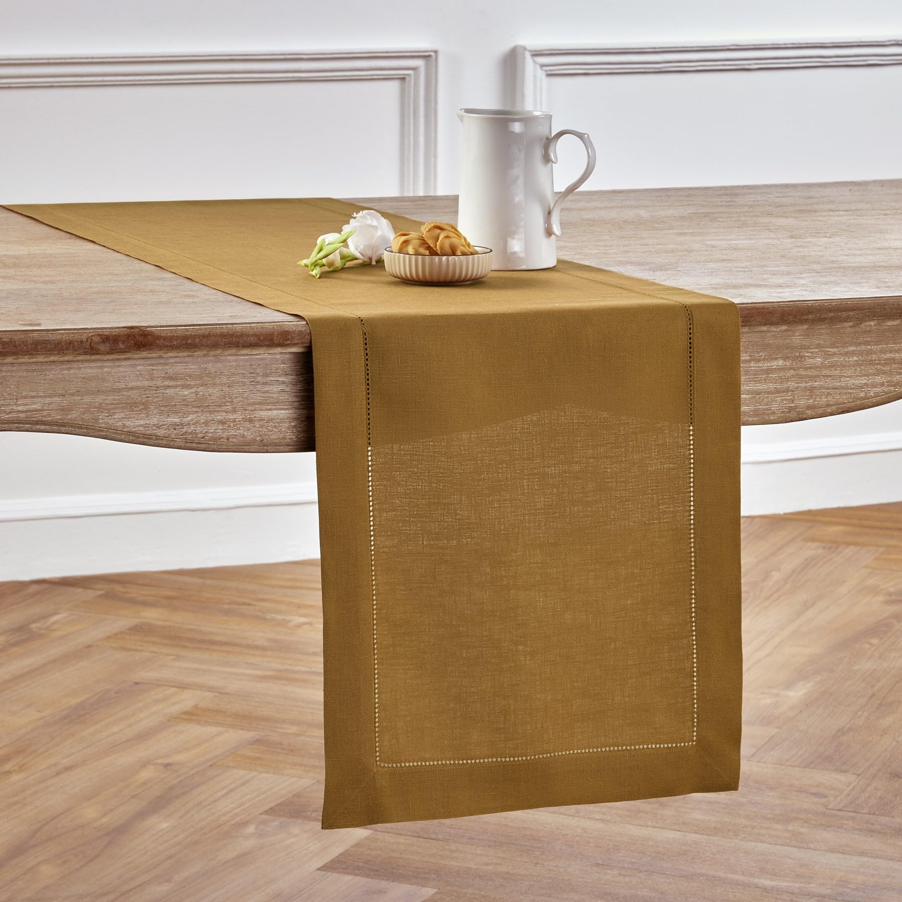 Solino Home Linen Brown Sugar Table Runner 132 Inches Long - 100% Pure Linen Classic Hemstitch Dining Table Runner 14 X 132 Inch