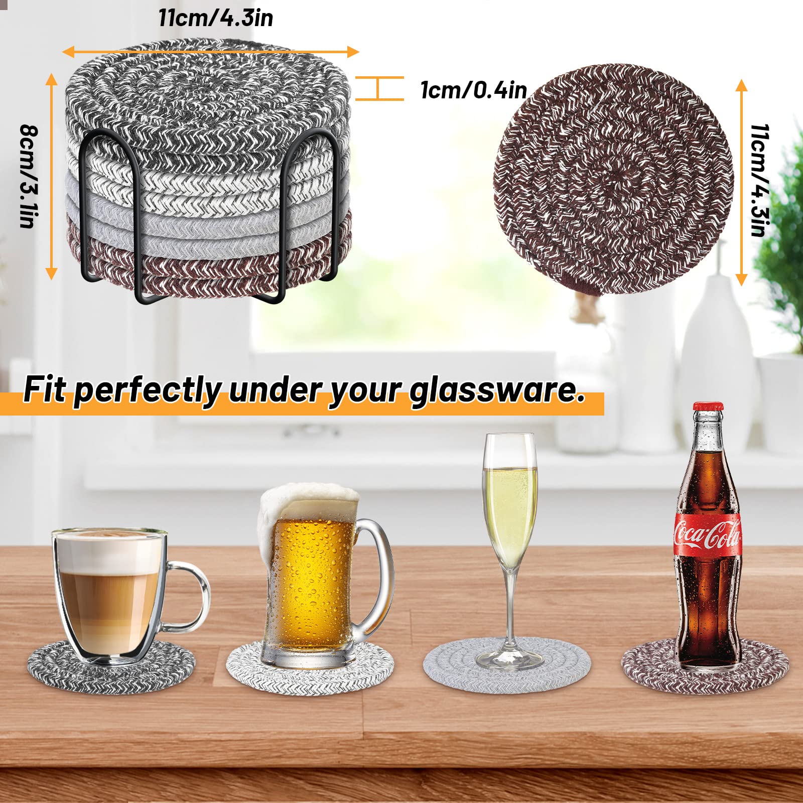 Mckanti 8 Pcs Coasters For Drink With Holder, 4 Colors Absorbent Coasters For Drinks, Minimalist Cotton Woven Coaster Set For Ho