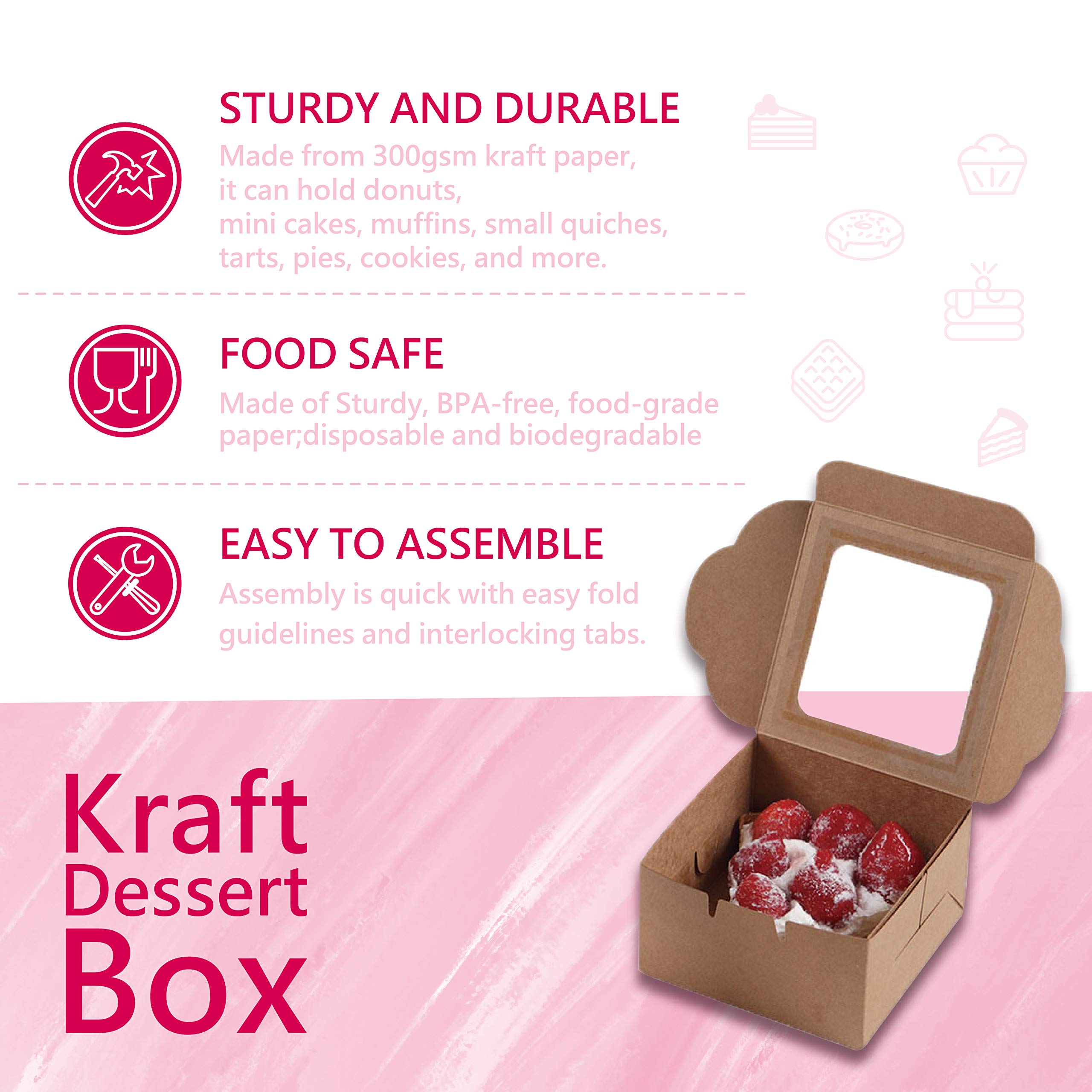 Bubbley Kraft Paper Bakery Boxes - 25-Pack Single Pastry Box 4-Inch, Packaging With Clear Display Window, Donut, Mini Cake, Pie