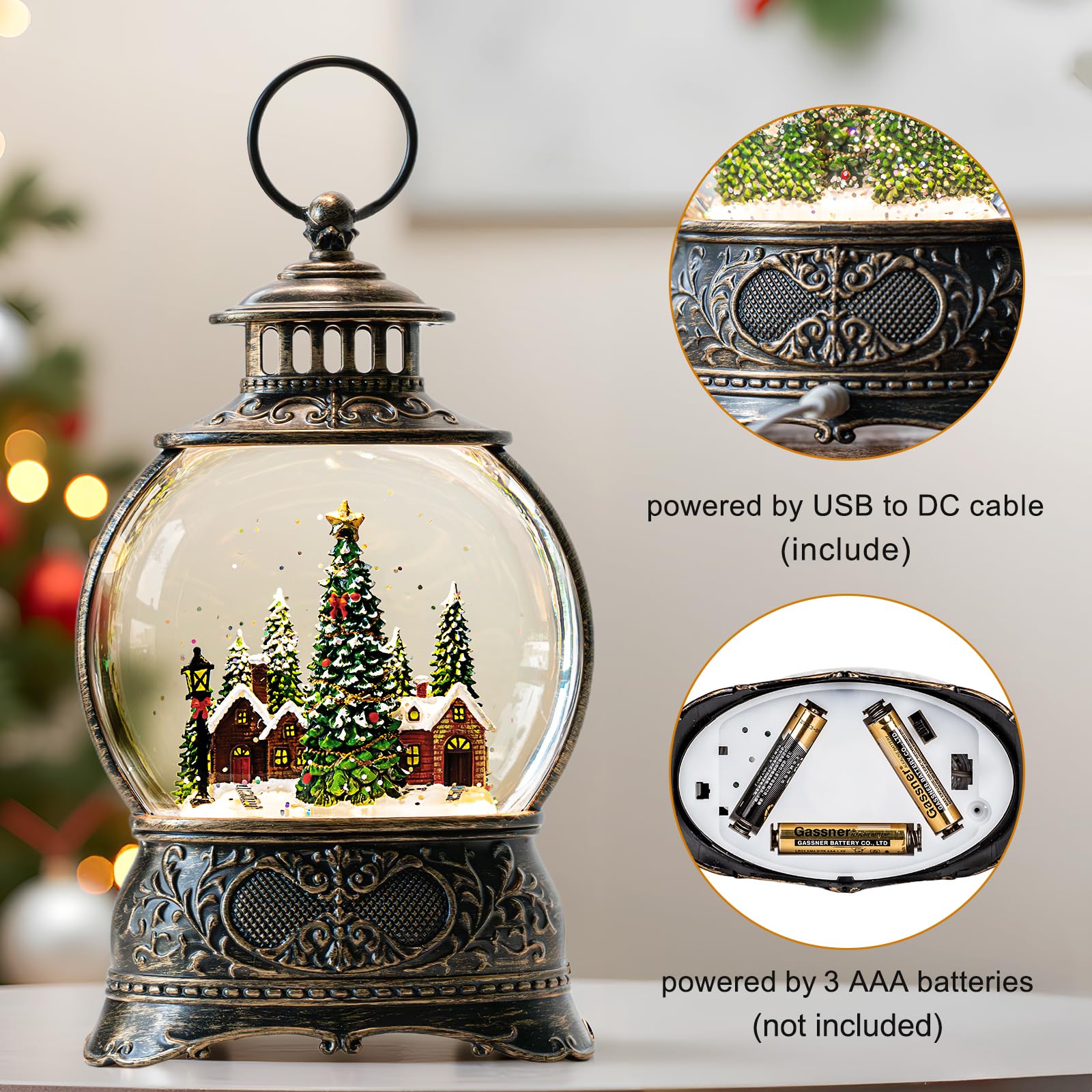 Christmas Snow Globes Water Lantern with Christmas Tree Village, Music & 6H Timer, USB Lined/Battery Operated Lighted Lanterns f