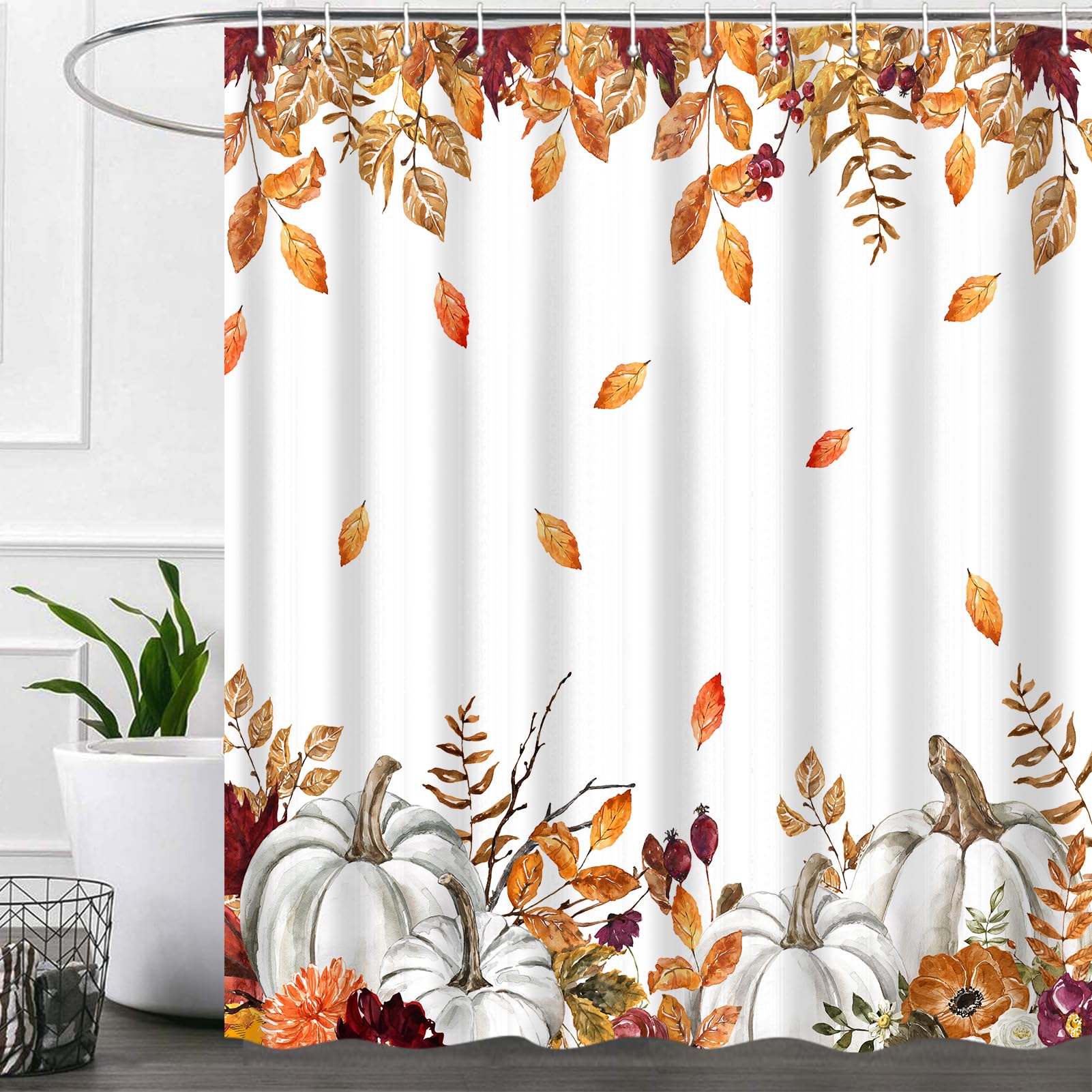 Itapnoom Fall Pumpkins Maple Leaf Shower Curtain, Autumn Leaves Harvest Thanksgiving Farmhouse Watercolor Seasonal Bathroom Curt