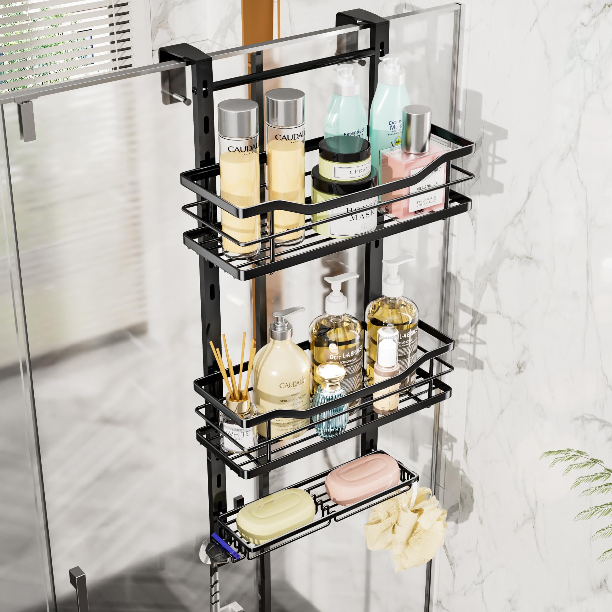SWTYMIKI Over the Door Shower Caddy - 3 Tier Adjustable Shower Organizer Hanging with Soap Holder, No Drilling Stainless Steel B
