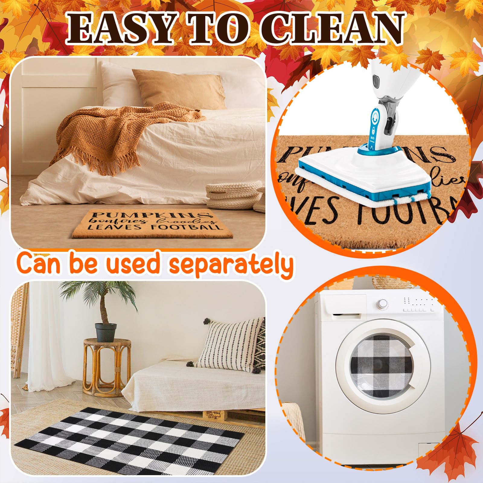 Duraaamo 2 Pcs Fall Thanksgiving Natural Coir Welcome Doormat Outdoor Pumpkins Bonfires Hoodies Football Leaves Mat Layered Buff