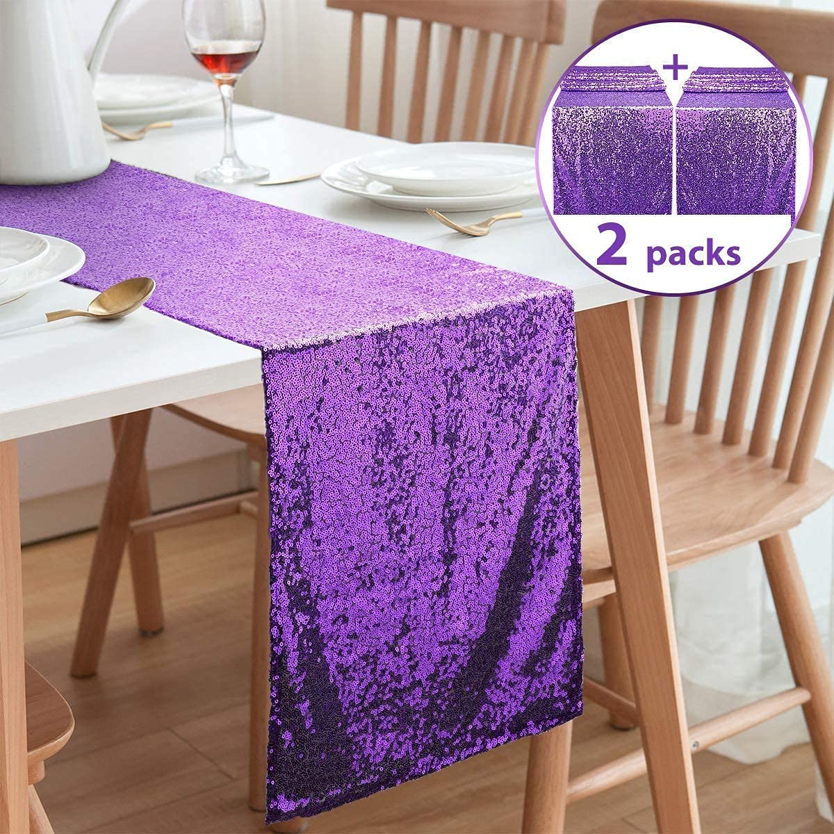 Tiosggd Purple Sequin Table Runners 12''X108'', 2 Packs Glitter Fabric Table Runner For Baby Shower Graduation Celebration Birth