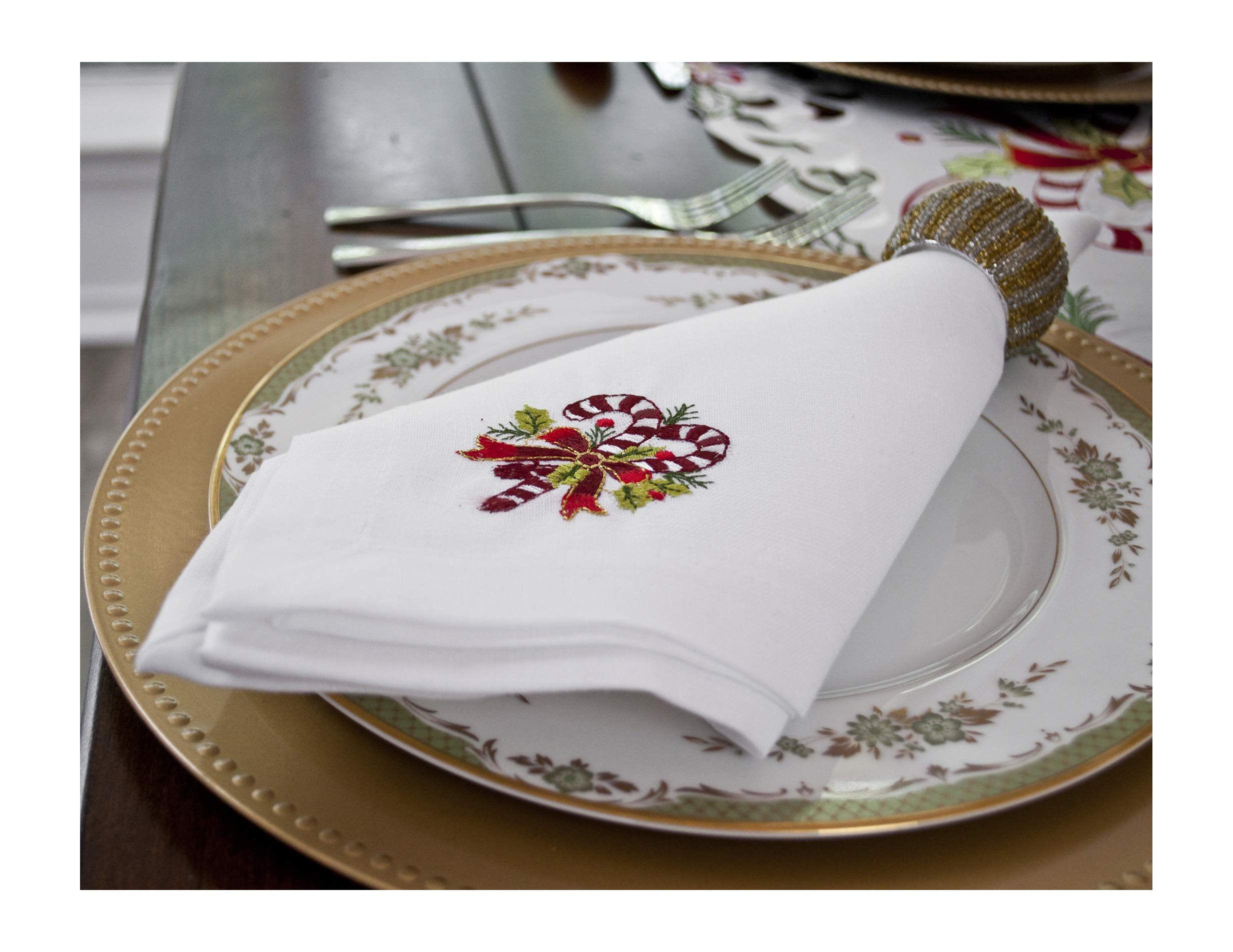 Set Of 4 Embroidered Holiday Candy Canes On White Napkins 19 Inch X 19 Inch Quad Fold Elegant Setting Holiday Decor
