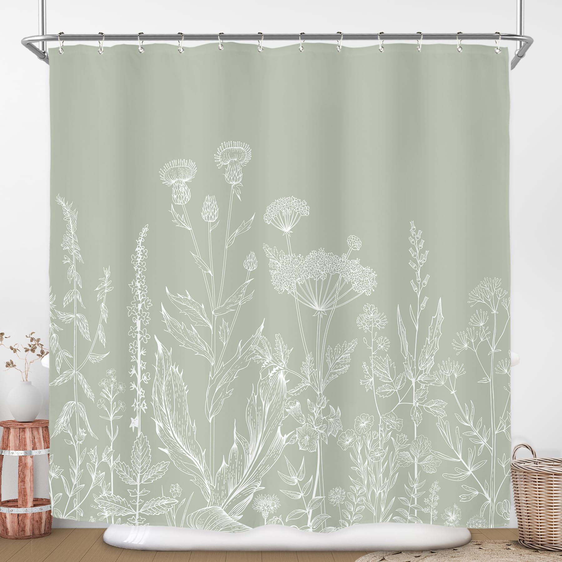 Riyidecor Sage Green Floral Wildflower Shower Curtain For Bathroom Decor 72Wx72H Plant Herbs Botanical Spring Nature Leaf Rustic