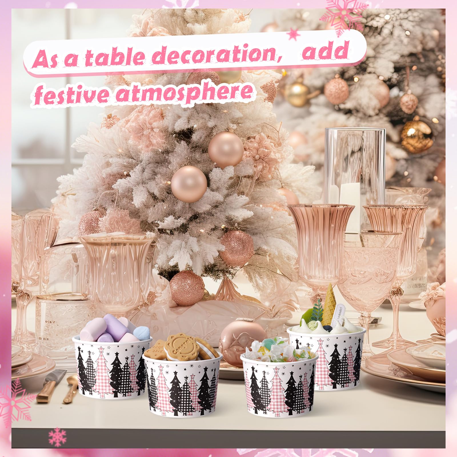 Funnymoom 50 Pack Christmas Tree Treat Snack Cups Pink Gingham Buffalo Plaid Paper Ice Cream Cups 9 oz Xmas Tree Disposable Dess