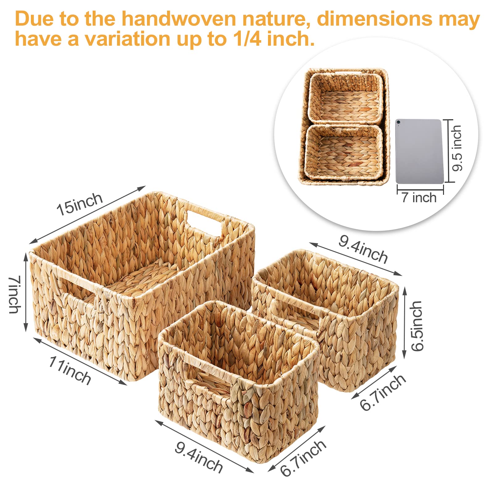 Elong Home Wicker Storage Basket, 3 Pack Hand-Knitted Wicker Baskets, Water Hyacinth Storage Baskets With Built-In Handles