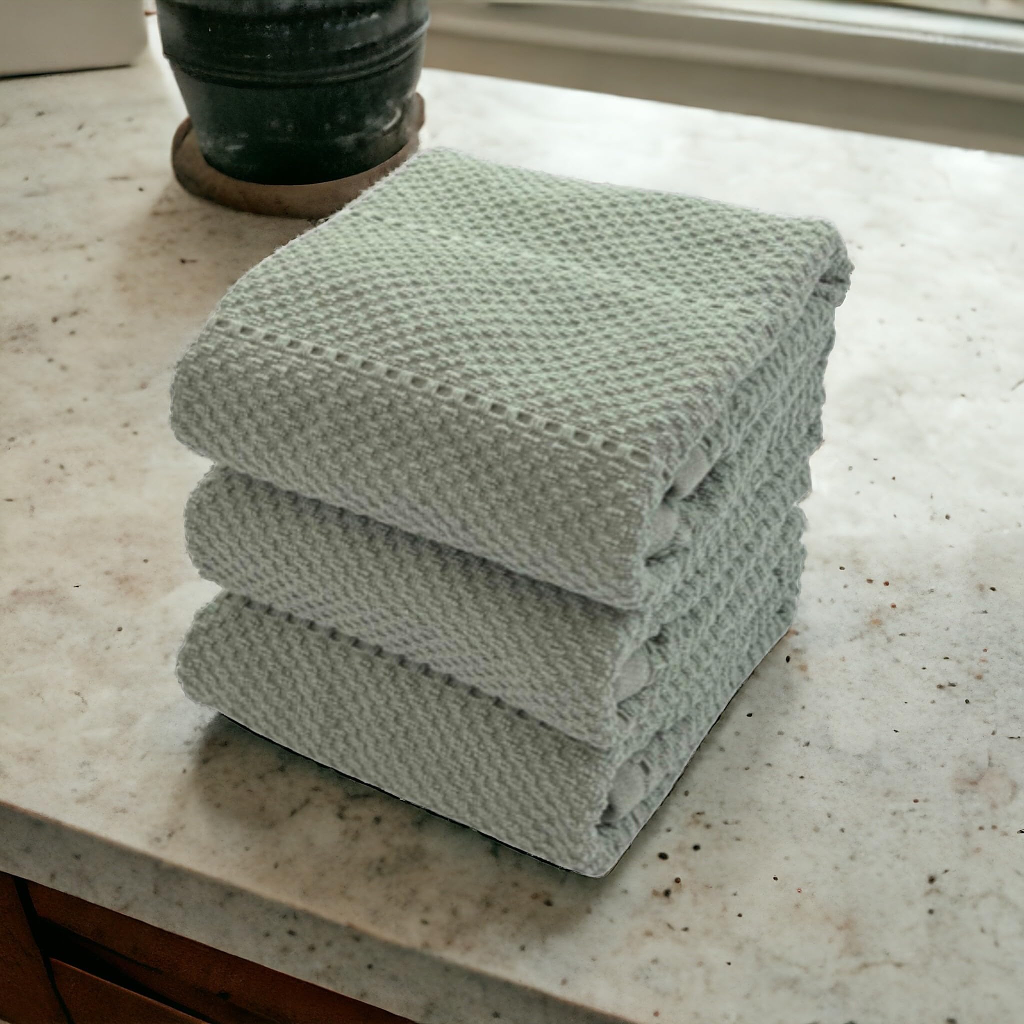 Sage Green Kitchen Dish Towels: 100% Cotton Cloth Soft Cleaning Drying Absorbent Textured Terry Loop, Set Of 3 Multipurpose For