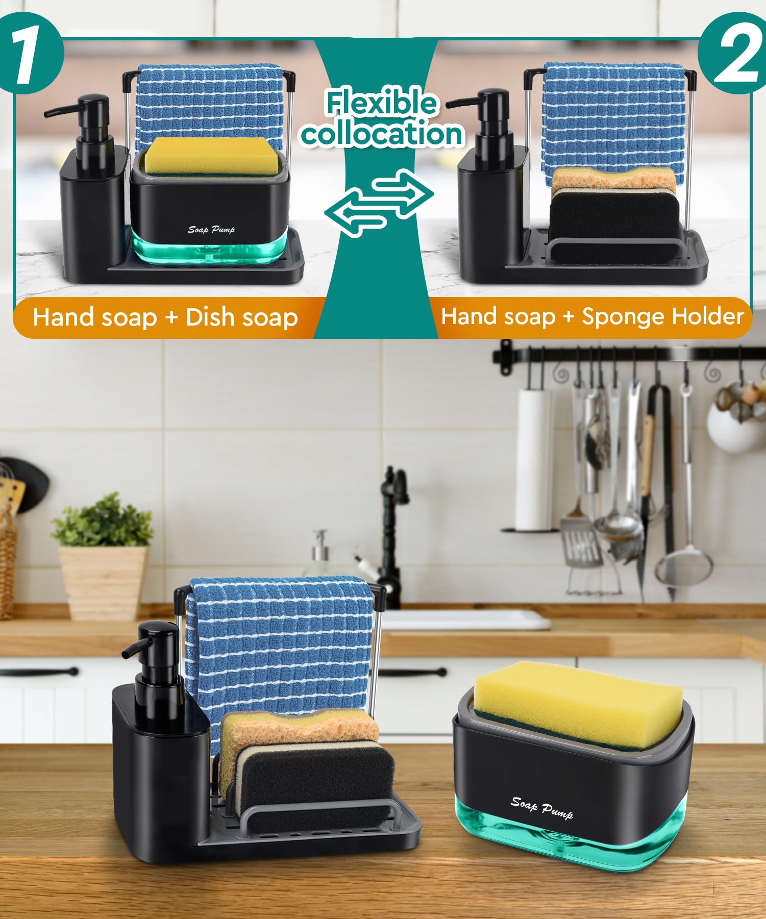 Eavida Kitchen Soap Dispenser Set - 5-in-1 Organizer with Tray & Sponge Holder, Plastic, Black, Model KSD-202310-01