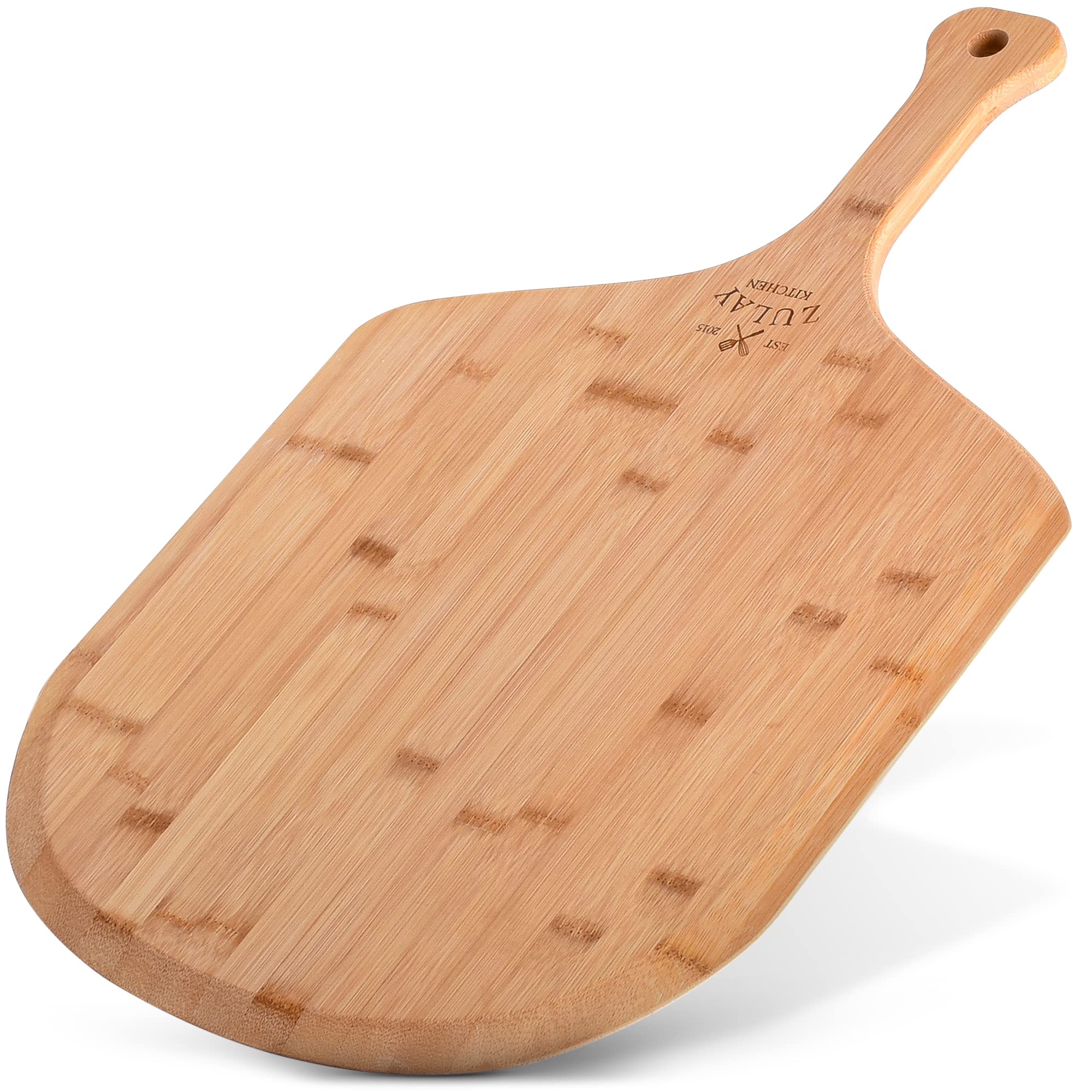 Zulay Kitchen Wooden Pizza Peel - Large 15'' Pizza Paddle With Extra Long Handles - Authentic Natural Bamboo Easy Glide Edges &