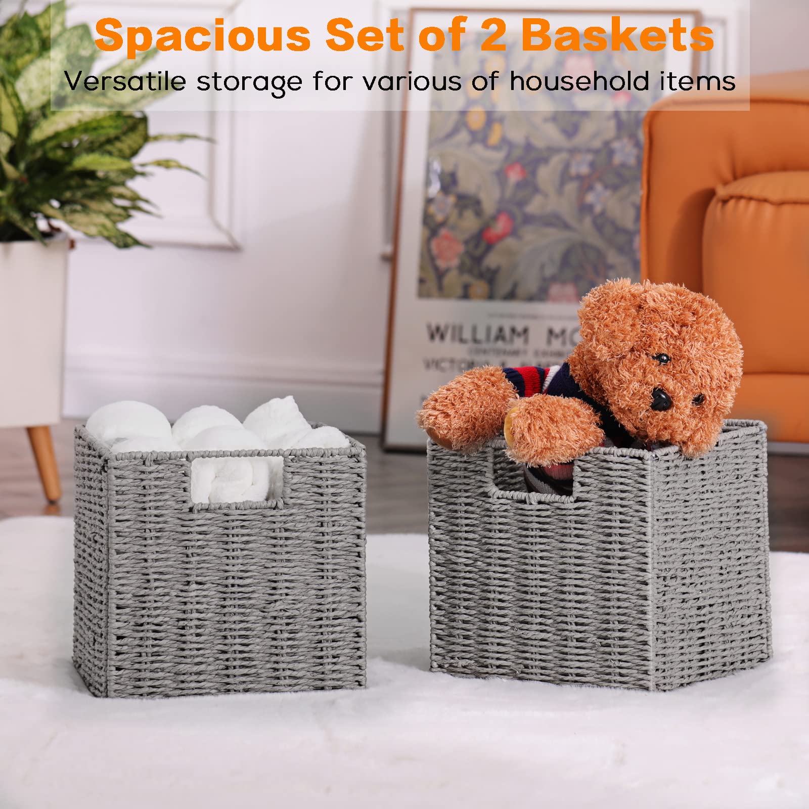 Vagusicc Storage Basket, Set Of 2 Hand-Woven Paper Rope Wicker Baskets For Storage, Foldable Cube Storage Bins Organizer, 9 Inch