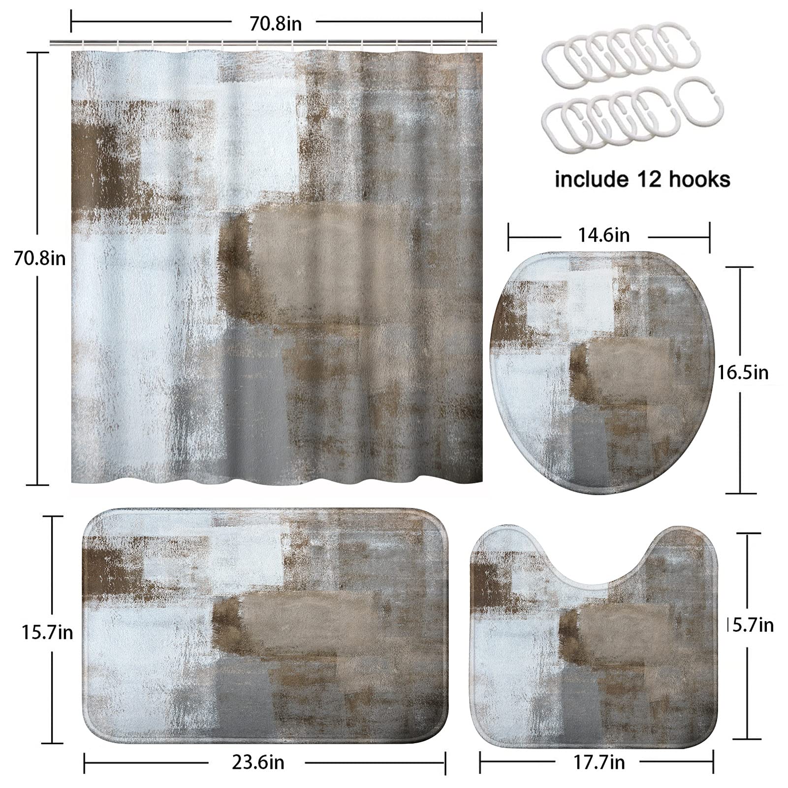 Artsocket Grey Brown Bathroom Set With Shower Curtain And Rugs Accessory,Gray Abstract Painting Modern Shower Curtain Set, Abstr