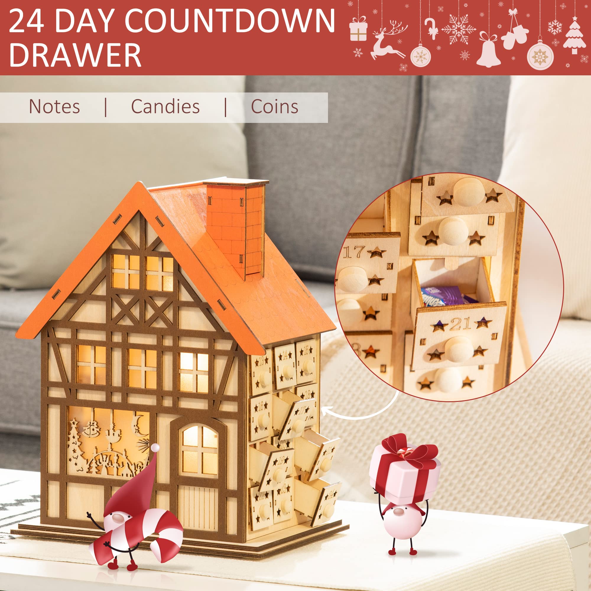 HOMCOM Wooden Christmas Advent Calendar House, Light Up Table Holiday Decoration with 24 Countdown Drawers and LED Lights, for K