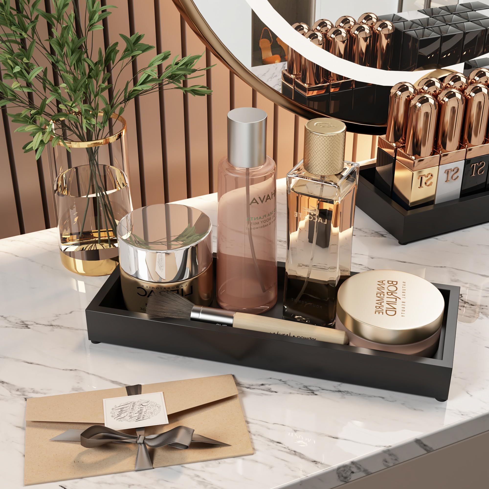 Bathroom Vanity Tray Black Decorative Tray For Counter, 11.2''X 4.3'' Small Wood Sink Soap Tray Holder For Kitchen, Dresser Coun