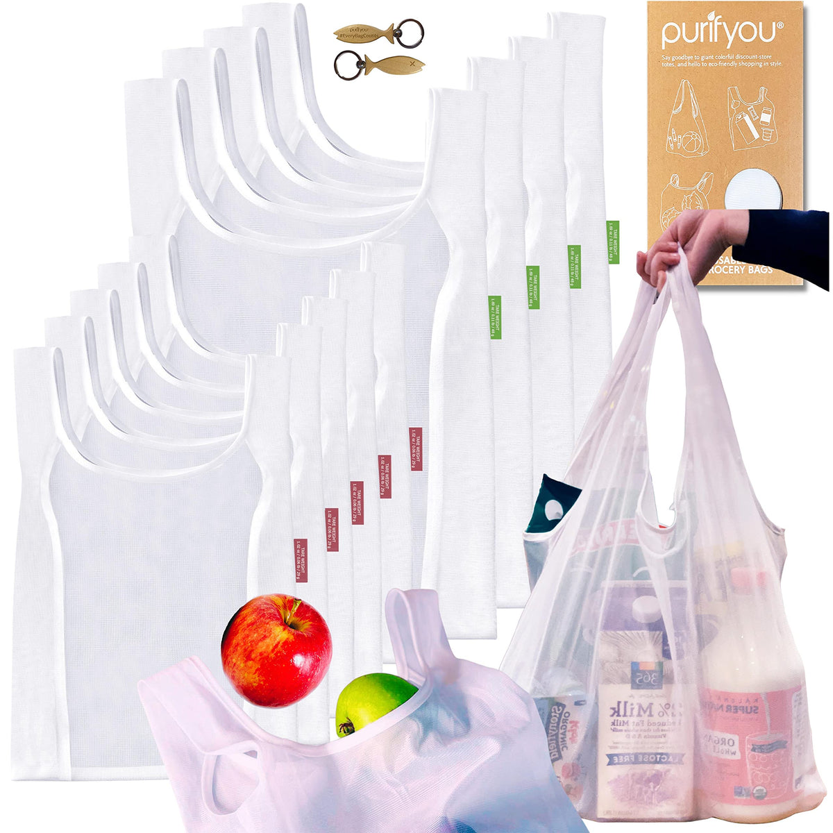 Dual Purpose Reusable Produce And Grocery Bags, Set Of 9 See Through Mesh | With Handles | Shopping Bags & Farmers Market Net Ba