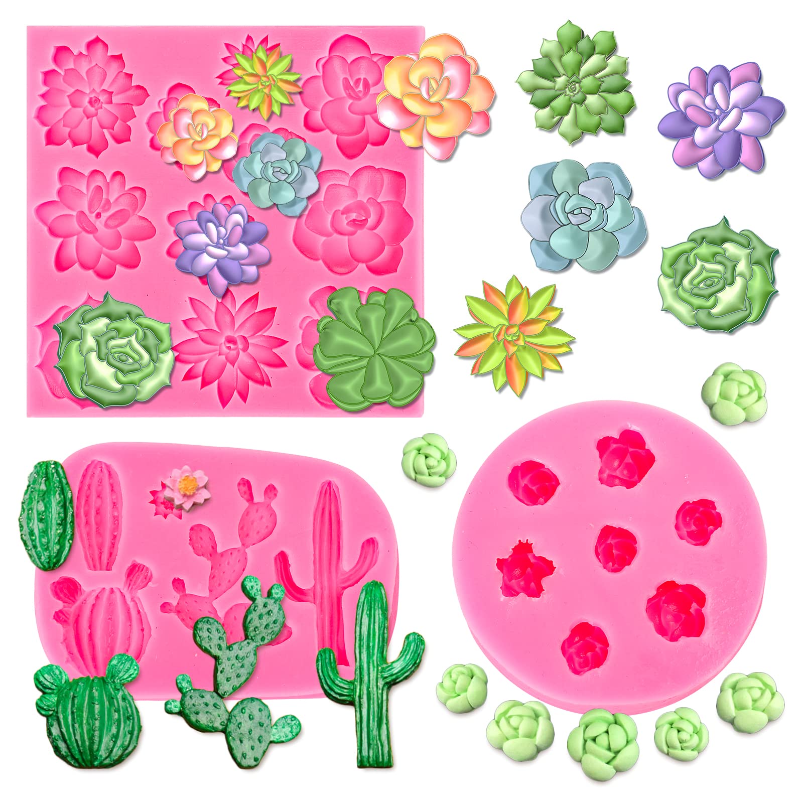 Whaline Succulent Fondant Molds 3D Silicone Cactus Succulents Leaves Moulds Succulent Plants Resin Molds Grow Plant Cupcake Cook
