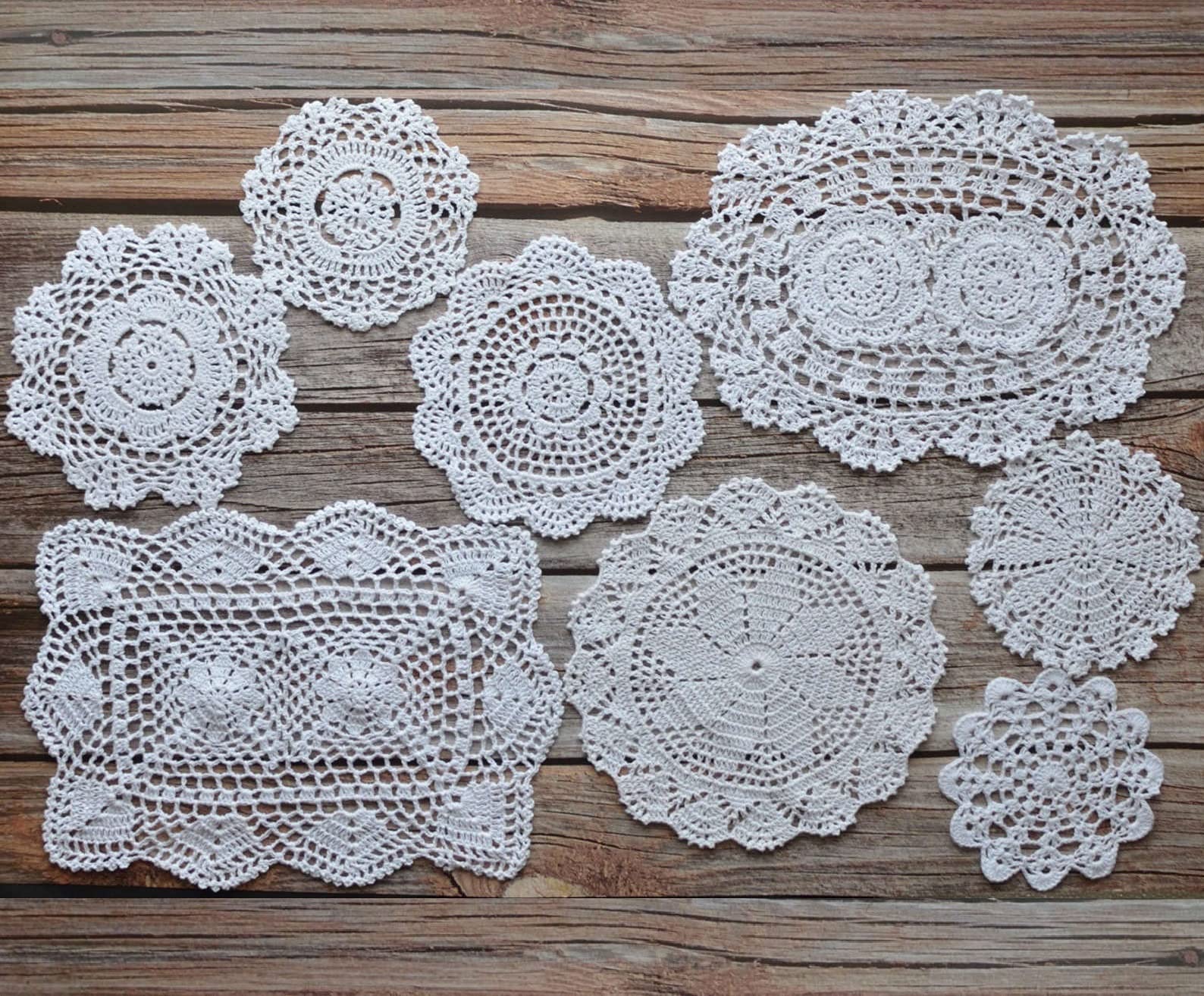 Southmage 8 Hand Crochet White Lace Doilies Lot For Tables Coasters Dresser Runners