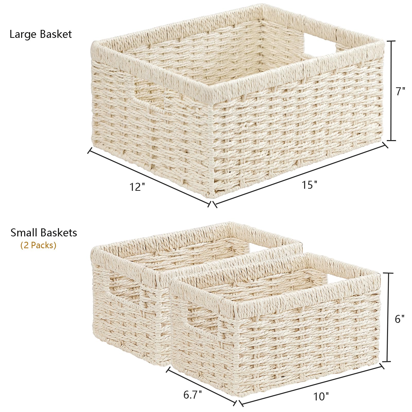 Vagusicc Wicker Storage Basket, Set Of 3 Wicker Basket, Hand-Woven Paper Rope Storage Baskets For Organizing, Large Cube Storage