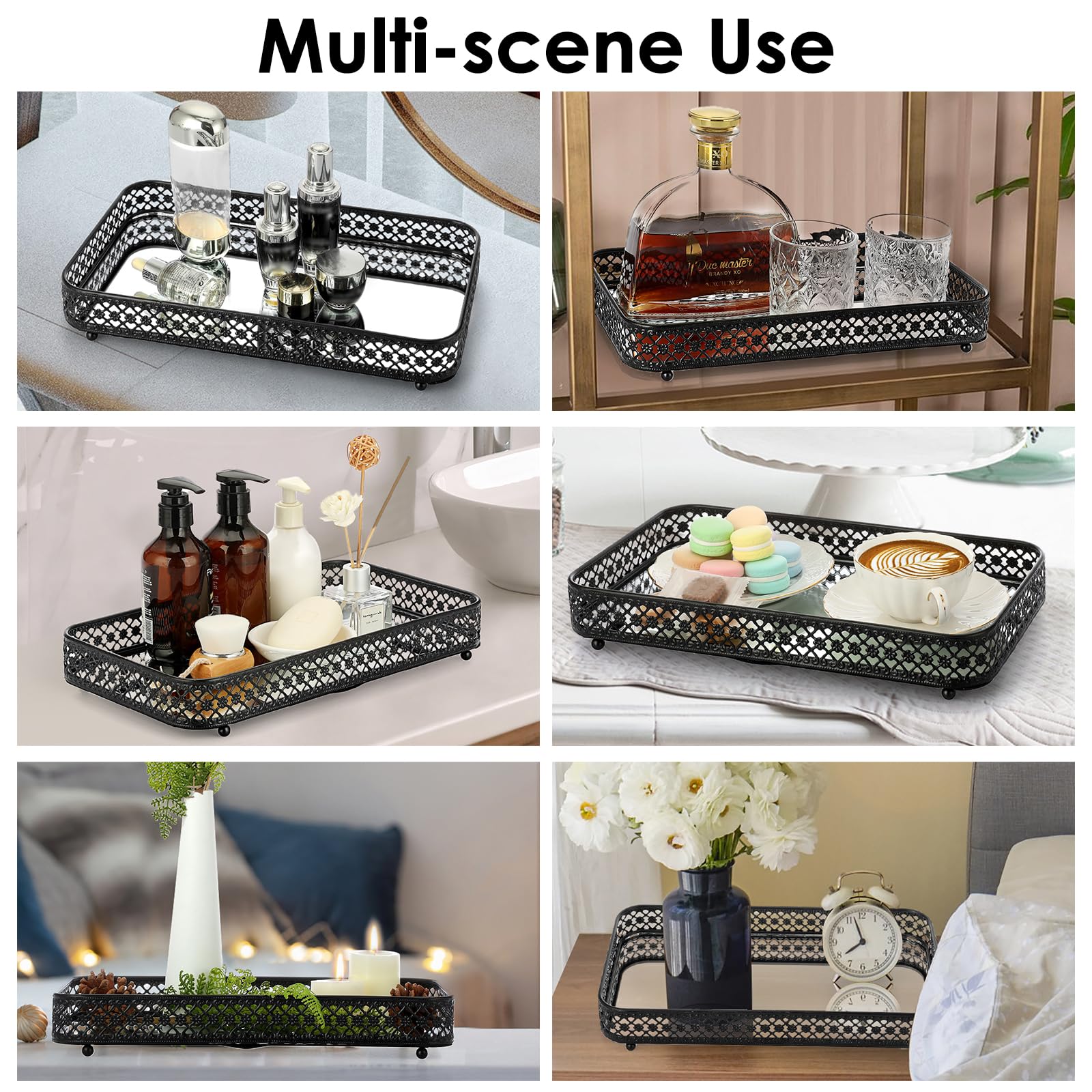 ELLDOO Black Perfume & Makeup Vanity Tray - Hollow-Carved Jewelry Storage, Glass & Metal Trinket Organizer for Dresser & Bathroo