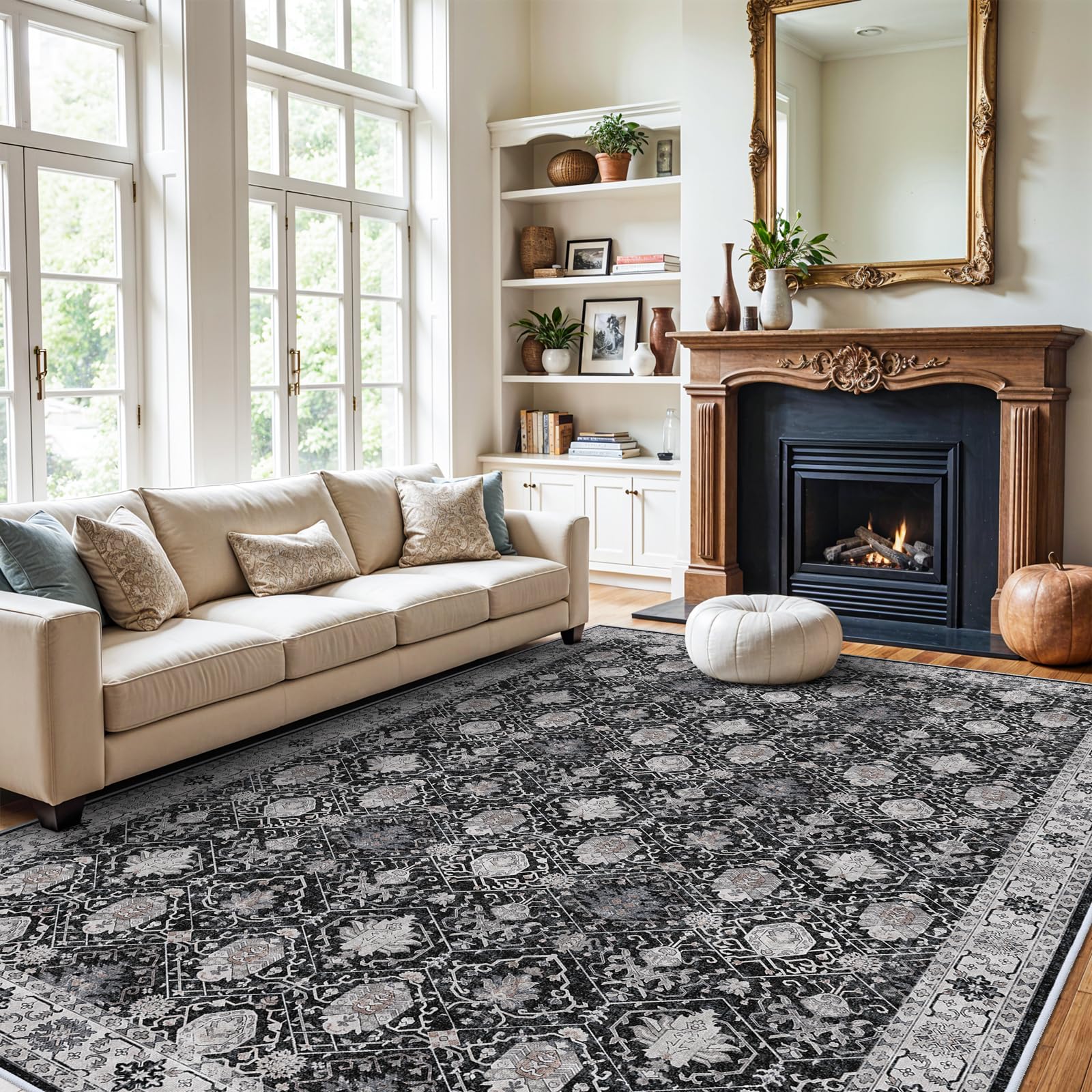Washable Large 9x12 Area Rug: Indoor Oriental Living Room Carpet with Non Slip Backing Ultra Soft Low Pile Rugs for Bedroom Dini