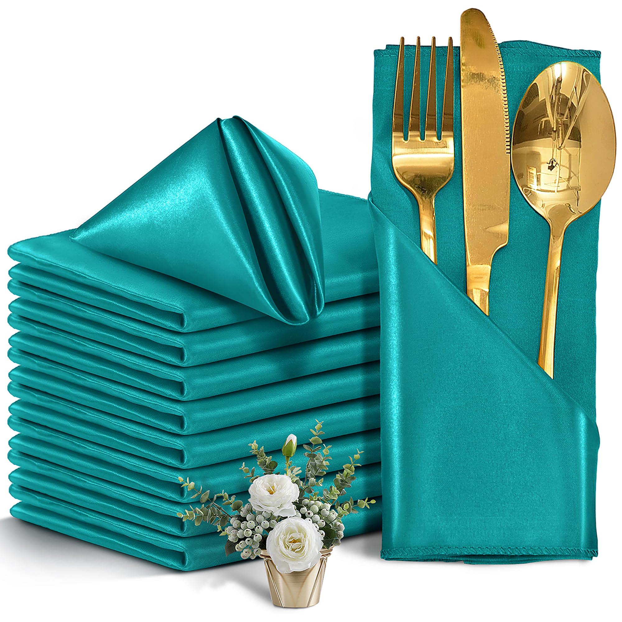 Eychei 12 Pieces Teal Satin Napkins, 17'' X 17'' Square Table Napkins, Silky Soft Smooth Washable Napkins For Restaurant, Weddin