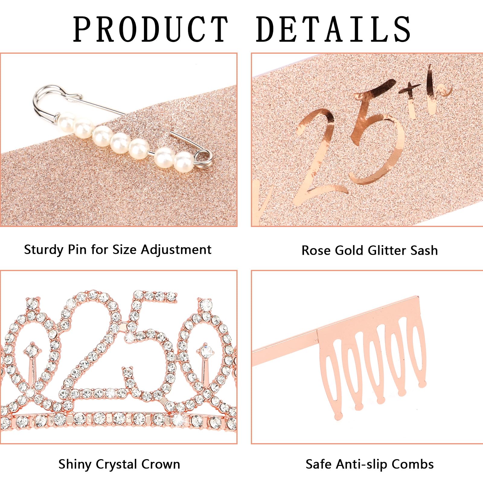 Casoty Rose Gold 25th Birthday Sash and Tiara for Women, 25th Birthday Party Decorations for Women, Crown and Sash Set, Gifts fo