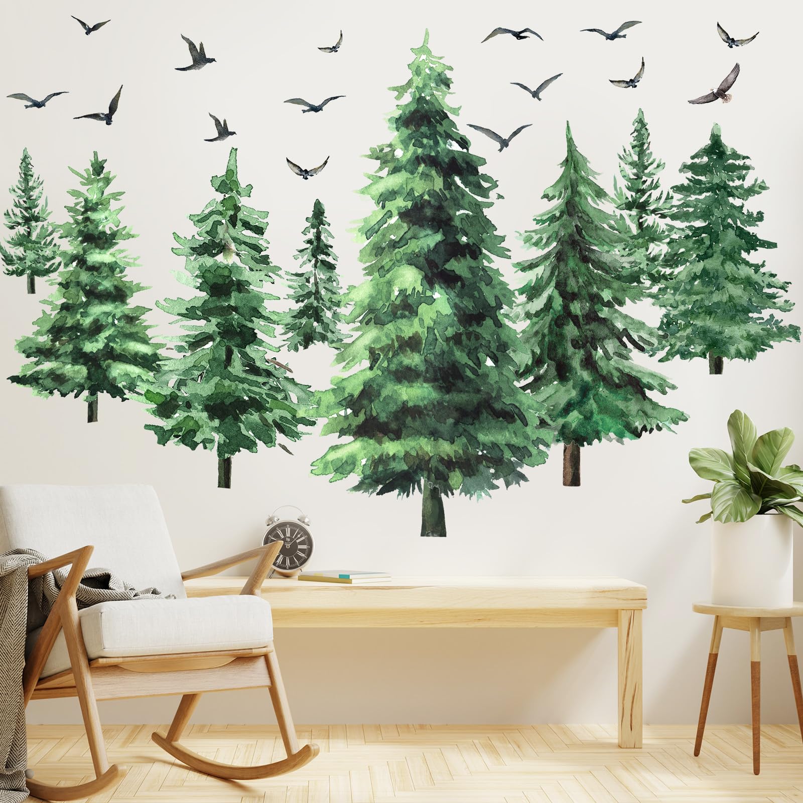 Qilery Watercolor Pine Tree Wall Decals Large Peel and Stick Forest Wall Decal Woodland Branch Birds Sticker Christmas Tree Stic