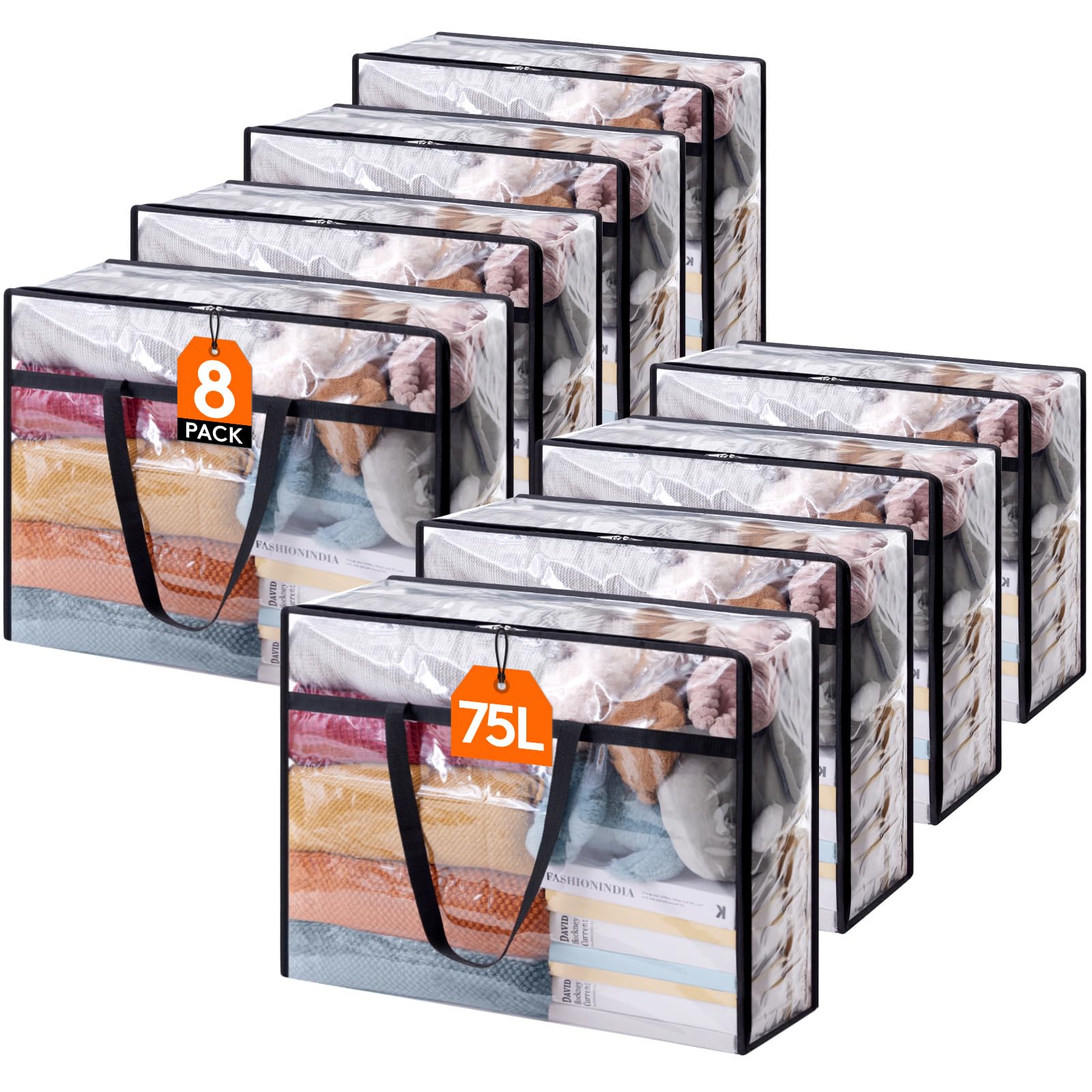 Lifewit 8 Pack Clear Clothes Storage Bags, 75L Large Plastic Blanket Storage, Vinyl Foldable Moving Bags with Zipper, Closet Org