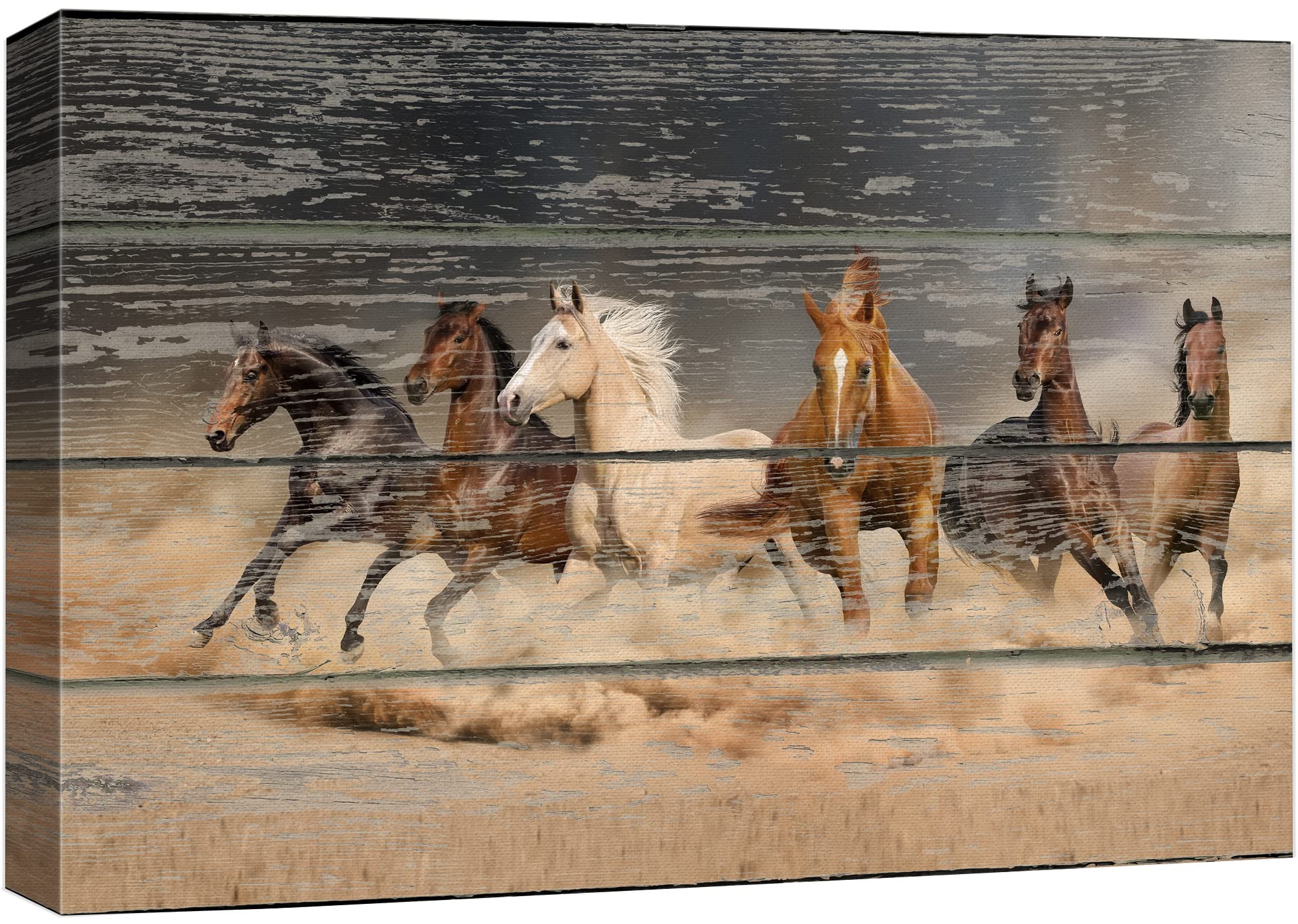 Wall26 Canvas Print Wall Art Galloping White, Brown & Black Horses Animals Wildlife Wood Panels Photography Rustic Scenic Colorf