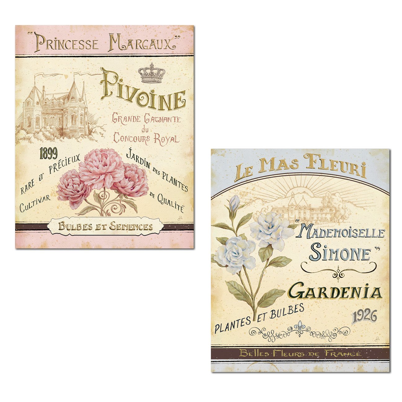 Lovely Vintage Ephemera-Style French Peony And Gardenia Floral Set By Daphne Brissonnet; Two 11X14In Poster Prints