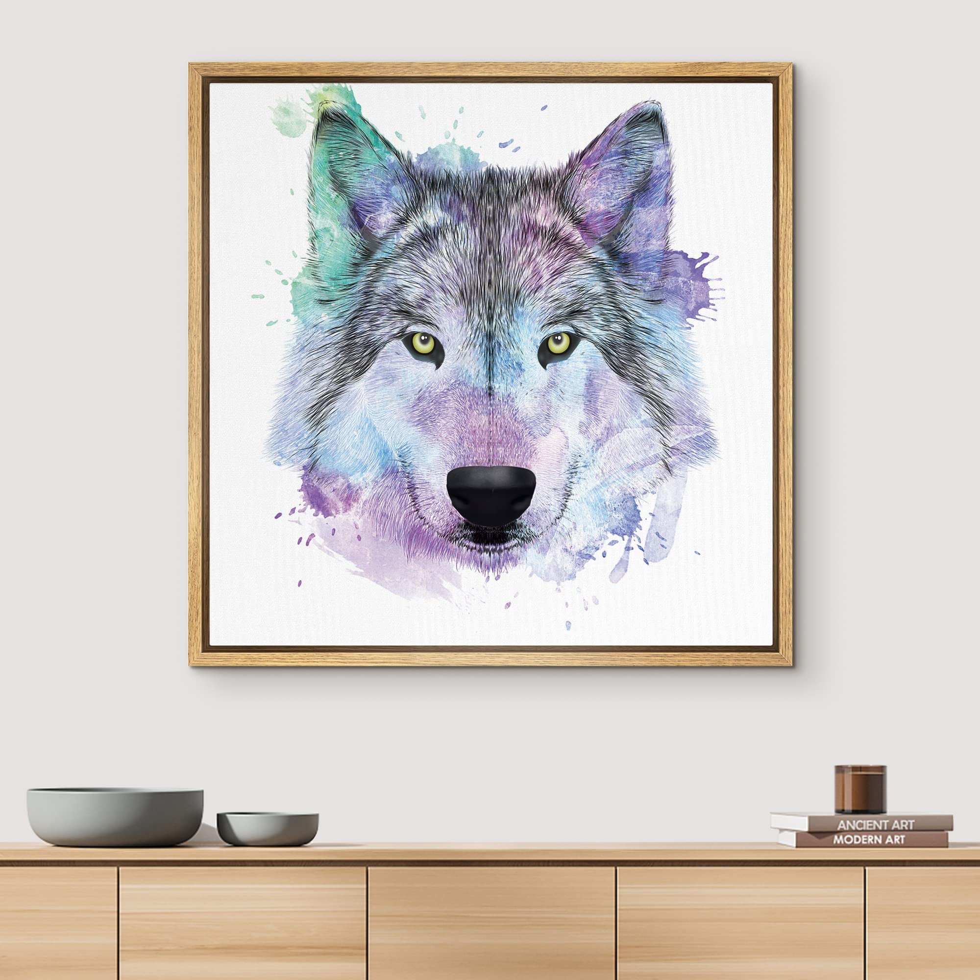 Wall26 - Fun And Colorful Splattered Watercolor Wolf - Framed Canvas Art Home Art - 16''X16'' Natural