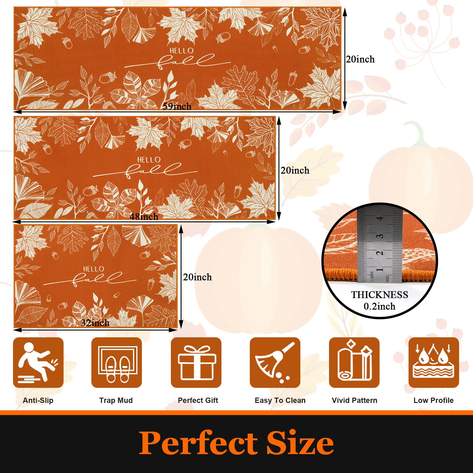 U Artlines Fall Leaves Kitchen Rugs with Runner Sets 3 Piece Farmhouse Seasonal Harvest Holiday Party Rugs and Mats Non Skid Wa