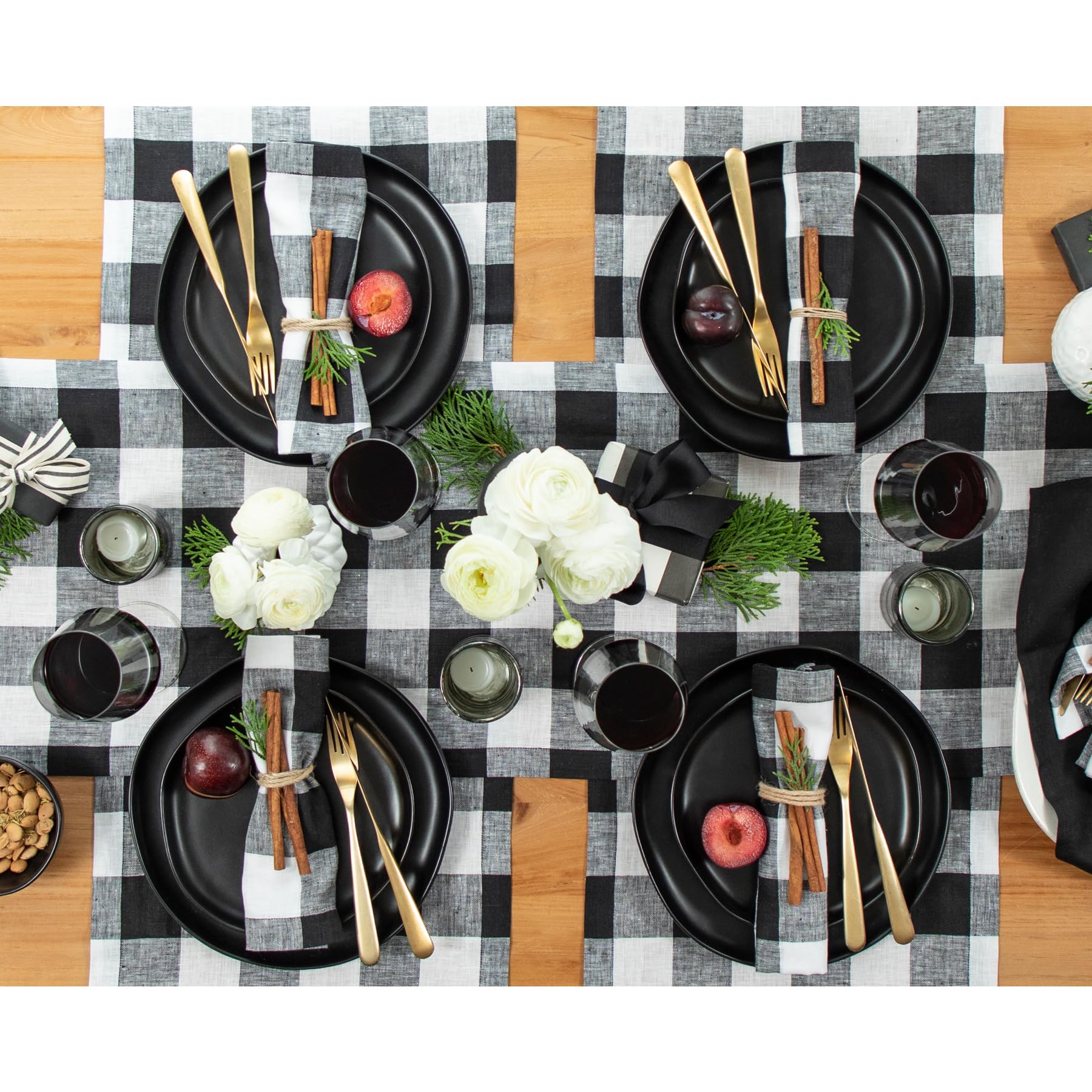 Solino Home Buffalo Check Linen Table Runner 120 Inches Long - 100% Pure Linen Black And White Plaid Table Runner 14 X 120 Inch