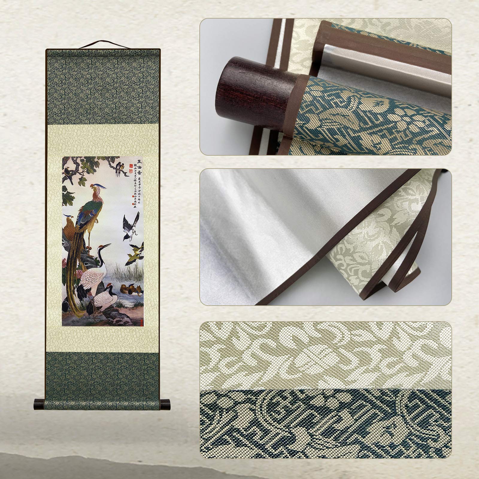 Atfart Asian Wall Decor Beautiful Silk Scroll Painting Birds - Wulun Diagram Oriental Decor Chinese Art Wall Scroll Wall Hanging