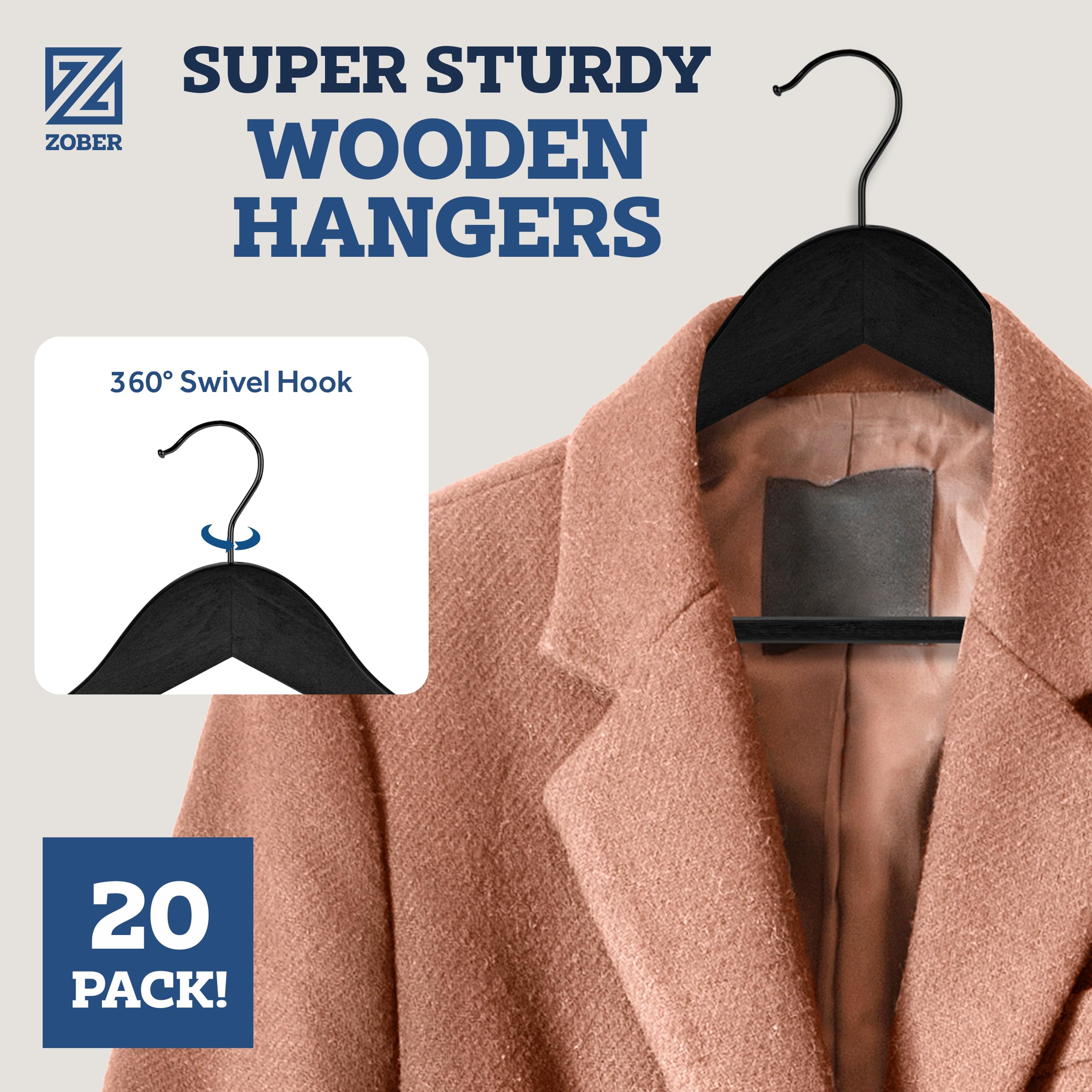 Zober Black Wooden Hangers - 20 Pack, Heavy Duty, Non Slip Wood Hangers for Coats, Jackets, Suits, & Pants - Coat Hangers for Cl