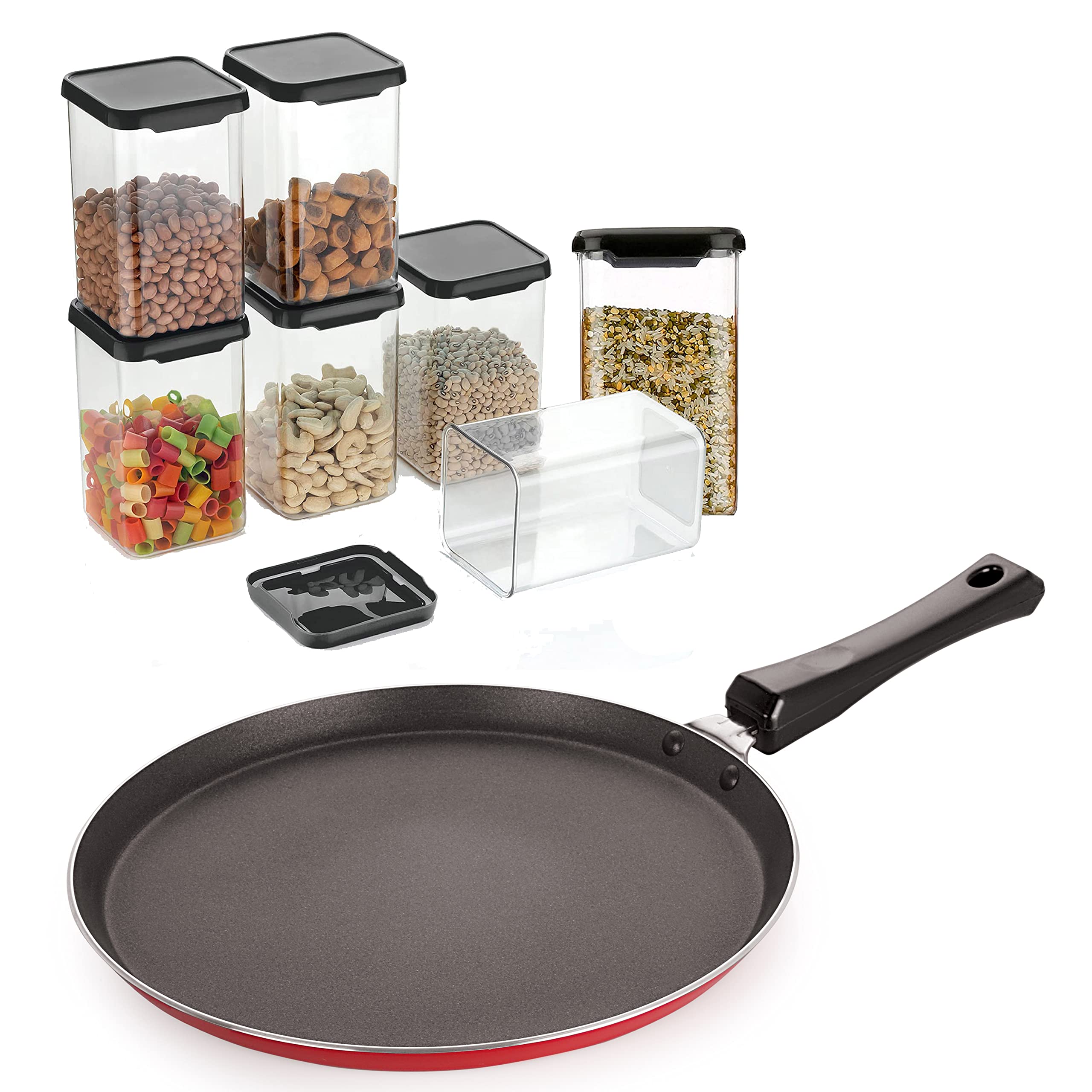 Nirlon Non Stick Aluminum Non Induction Base Flat Tawa 27.5Cm With 8Pcs Air Tight Square Plastic Containers Set 1100 Ml Combo Se