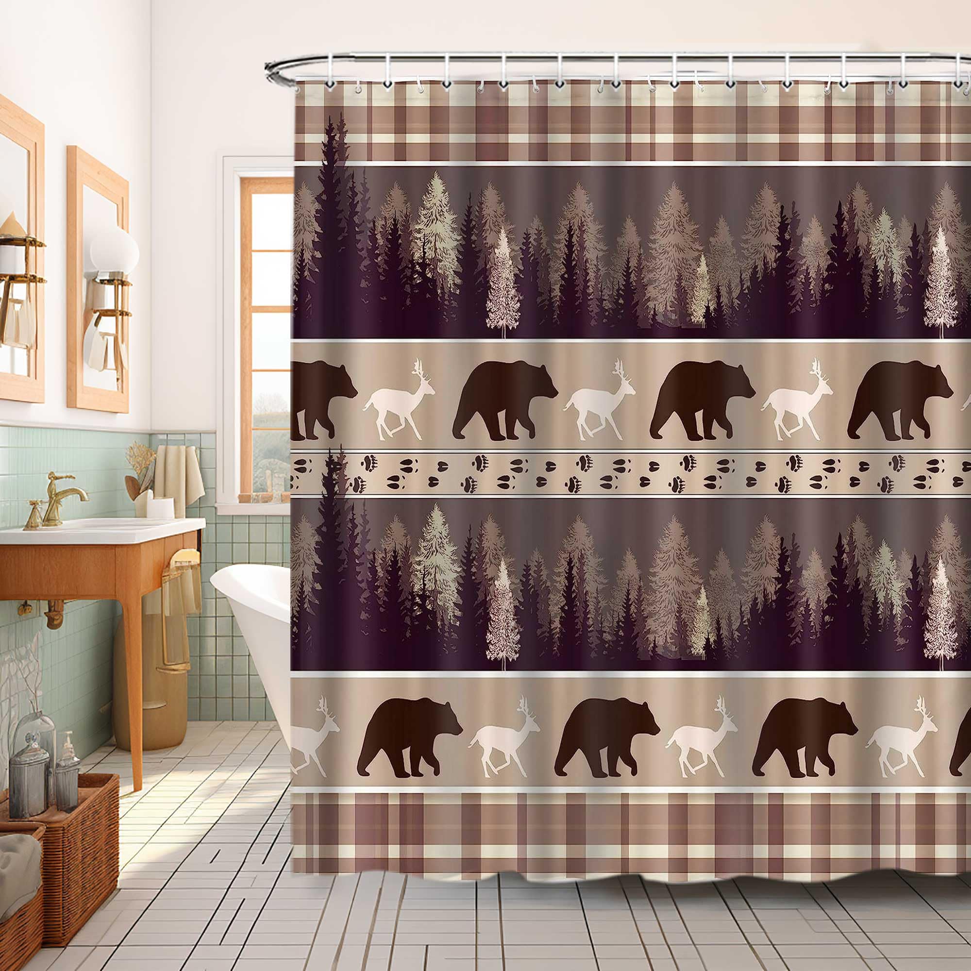 Lacoiime Cabin Shower Curtain, Rustic Woodland Forest Deer Bear Shower Curtain Set For Bathroom, Romantic Brown Abstract Bathroo