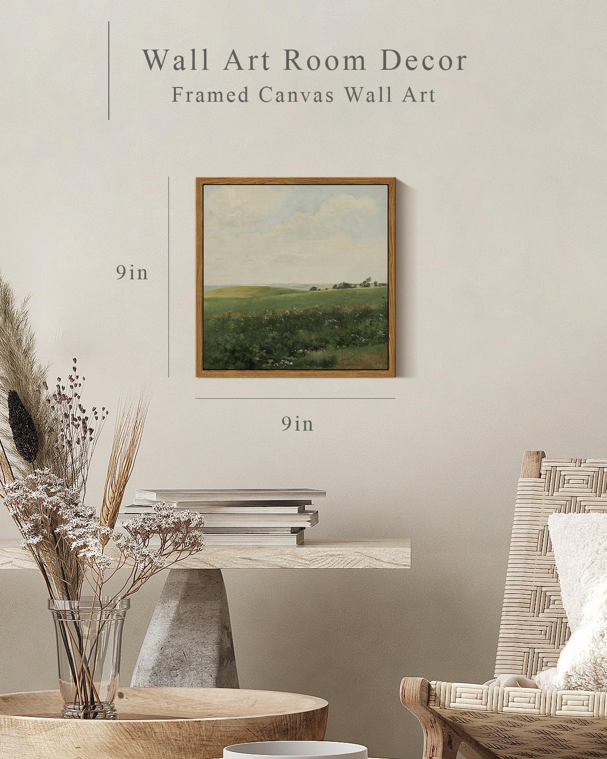 Insimsea Square Framed Canvas Wall Art, Vintage Grassland Paintings, Field Scenery Wall Pictures For Bedroom Bathroom Living Roo
