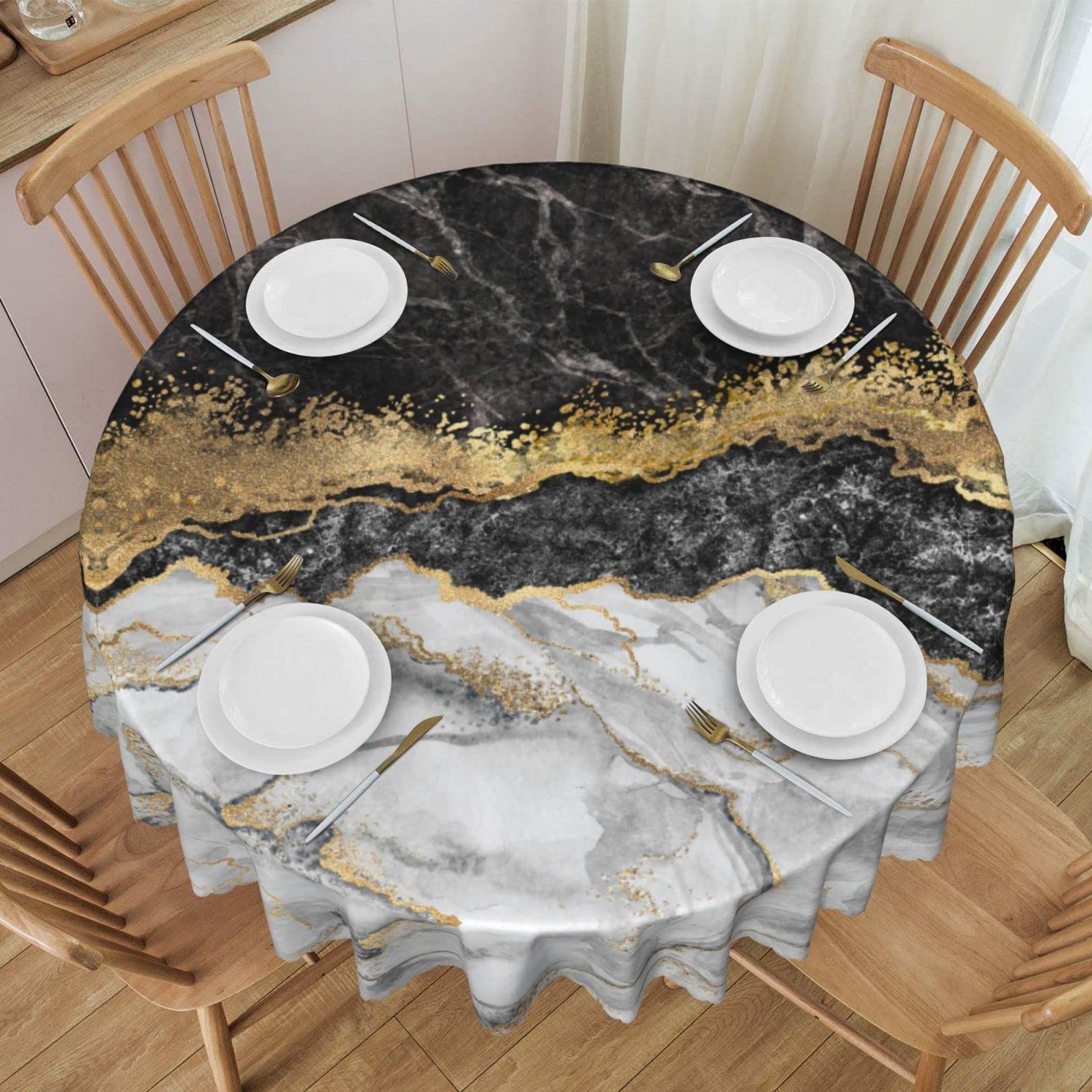 Vvtdesa Black Marble Tablecloth For Round Tables, Oil-Proof Spill-Proof And Easy Clean Tablecloth With Lace Trim, 60 Inch Round