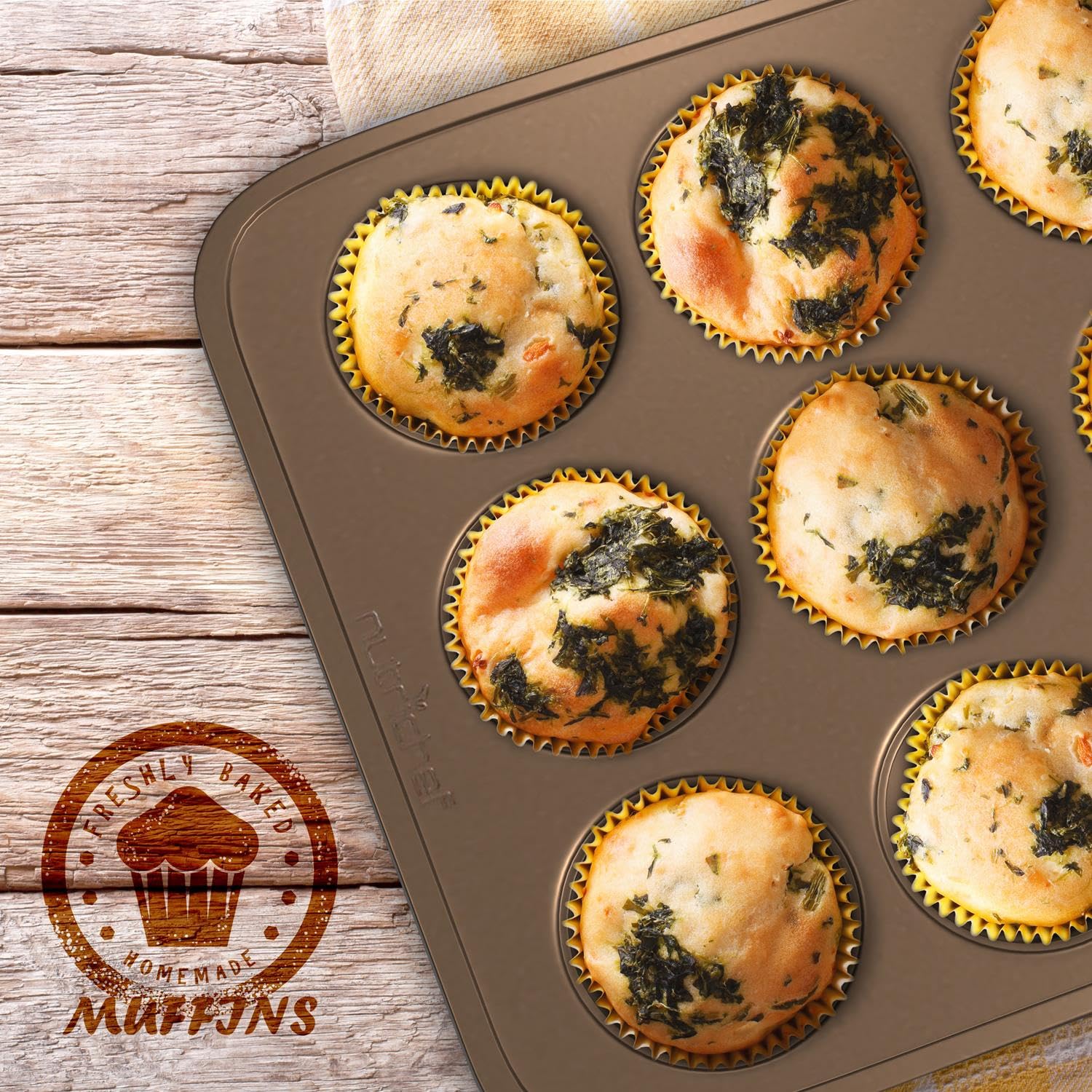 Nutrichef 2-Piece Nonstick Muffin Pan Set - Carbon Steel Cupcake Baking Pans With 12 Cups - 15 Inch X 11 Inch Baking Tray Set -