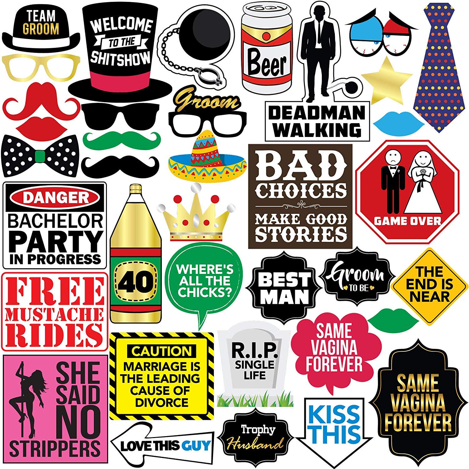 Bachelor Party Photo Booth Props  37 Pieces  Funny Bachelor Party Ideas, Supplies, Gifts, Decorations and Favors