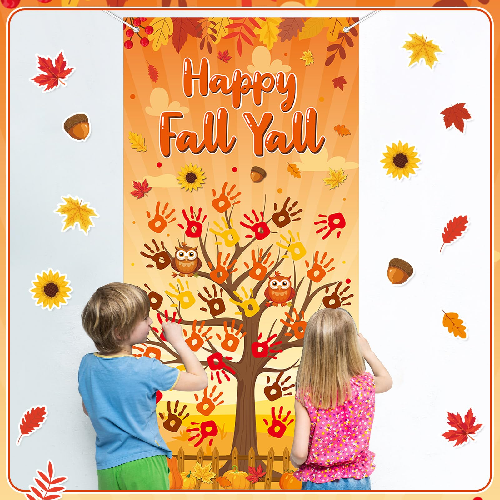 71 x 35 Inch Happy Fall Yall Door Cover Thanksgiving Tree Backdrop DIY Autumn Colorful Handprint Craft Bulletin Board with 4 PC