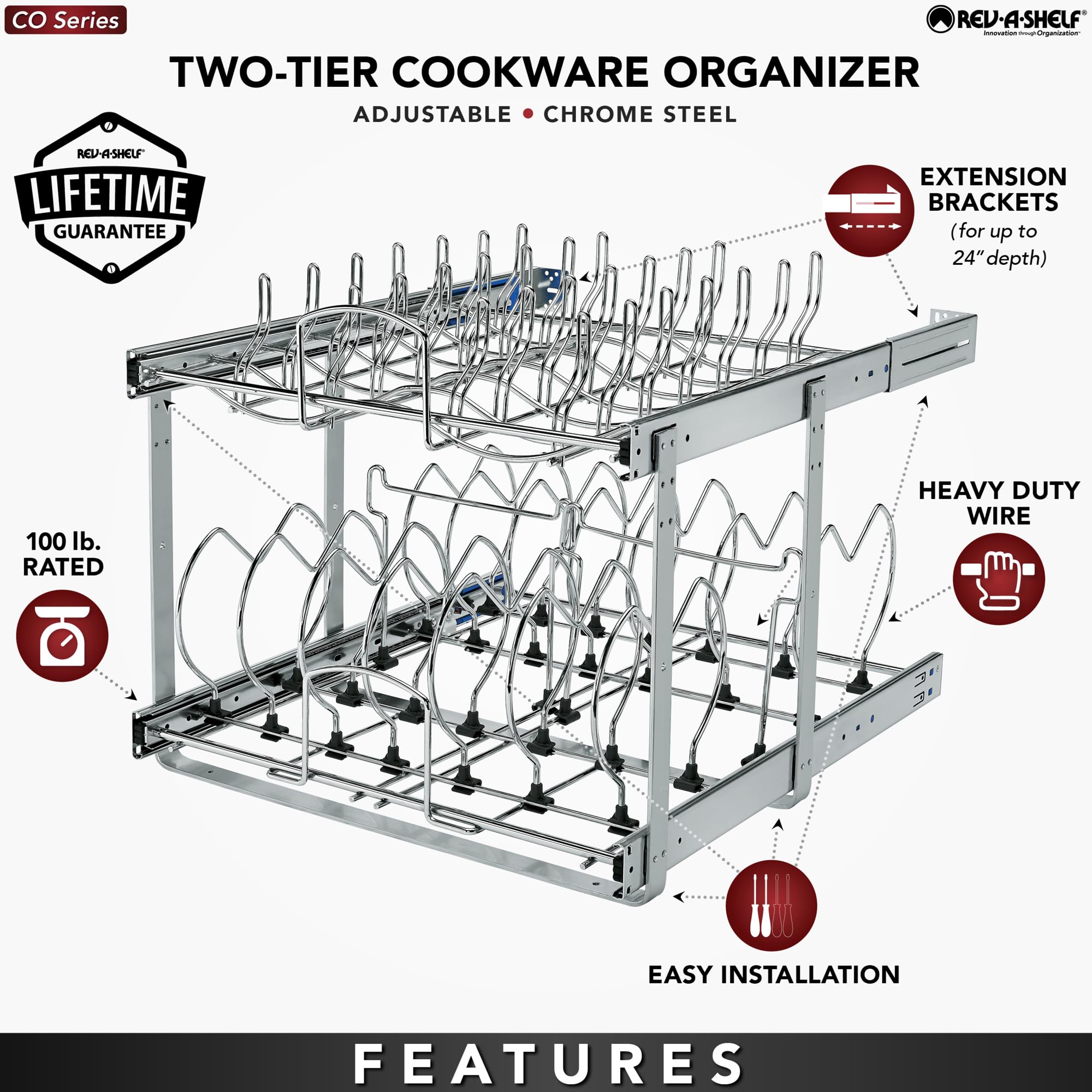 Rev-A-Shelf 2-Tier Kitchen Cabinet Pullout 20.75 Cabinet Organizer For Pots, Pans, And Lid Cookware, Adjustable Heavy Duty Wir