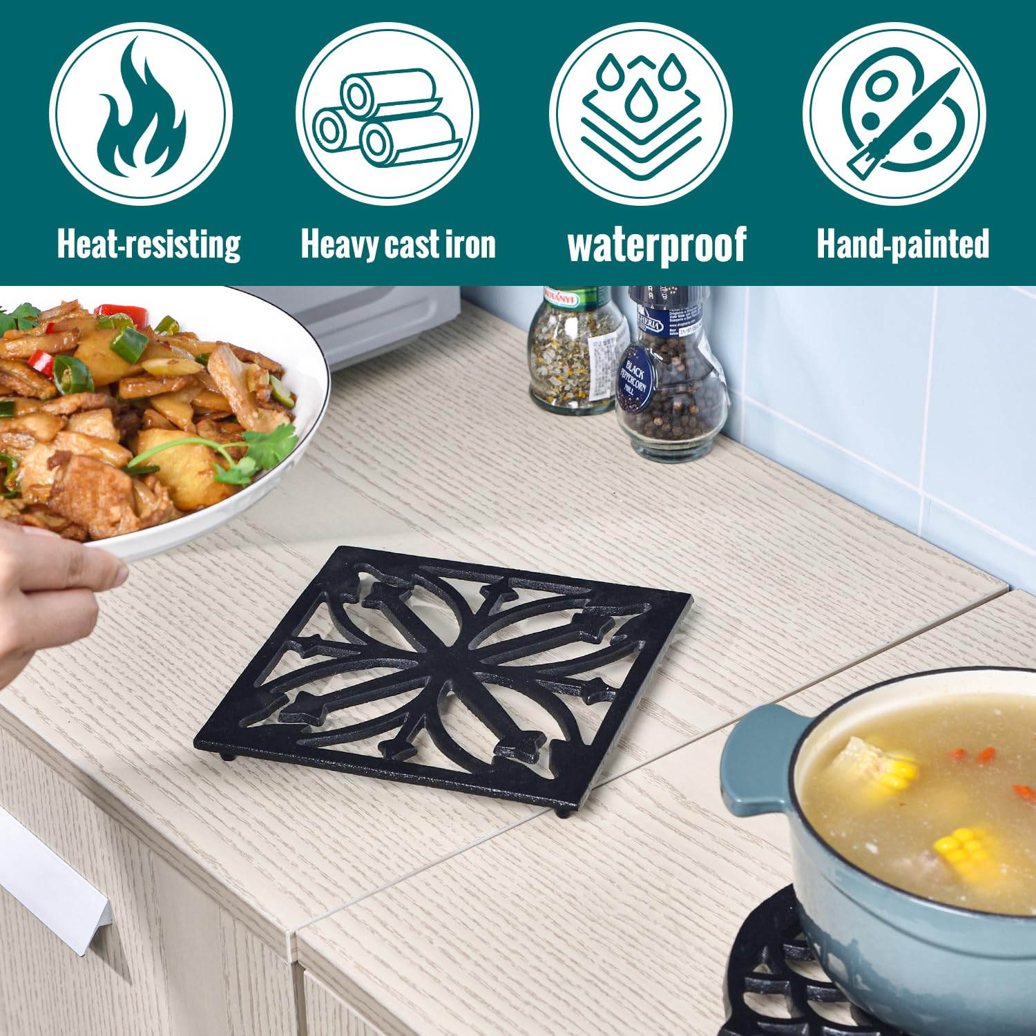 Sungmor Heavy Duty Cast Iron Square Metal Trivet,Rustproof Black Racks Stands Holders For Hot Pans Or Teapot,Kitchen Or Dinning