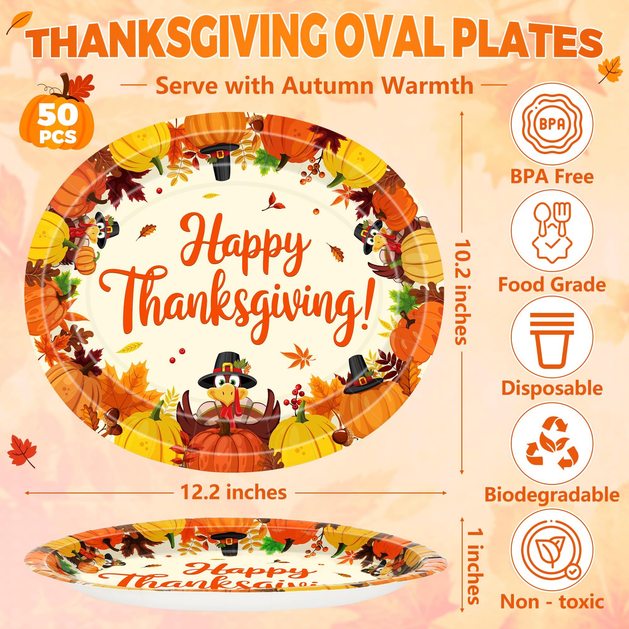 QZYL 50 Pcs Oval Thanksgiving Plates, 12.2 x 10.2 Inches Pumpkin Turkey Tableware Set, Disposable Plates Autumn Dinnerware, Fall