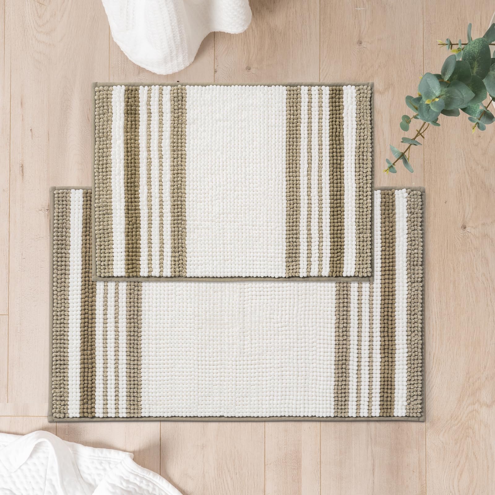 Freshmint Stripe Chenille Bathroom Rugs Sets 2 Piece 17''X24''+20''X32'', Soft Bath Mats For Bathroom Floor Non-Slip, Boho Washa